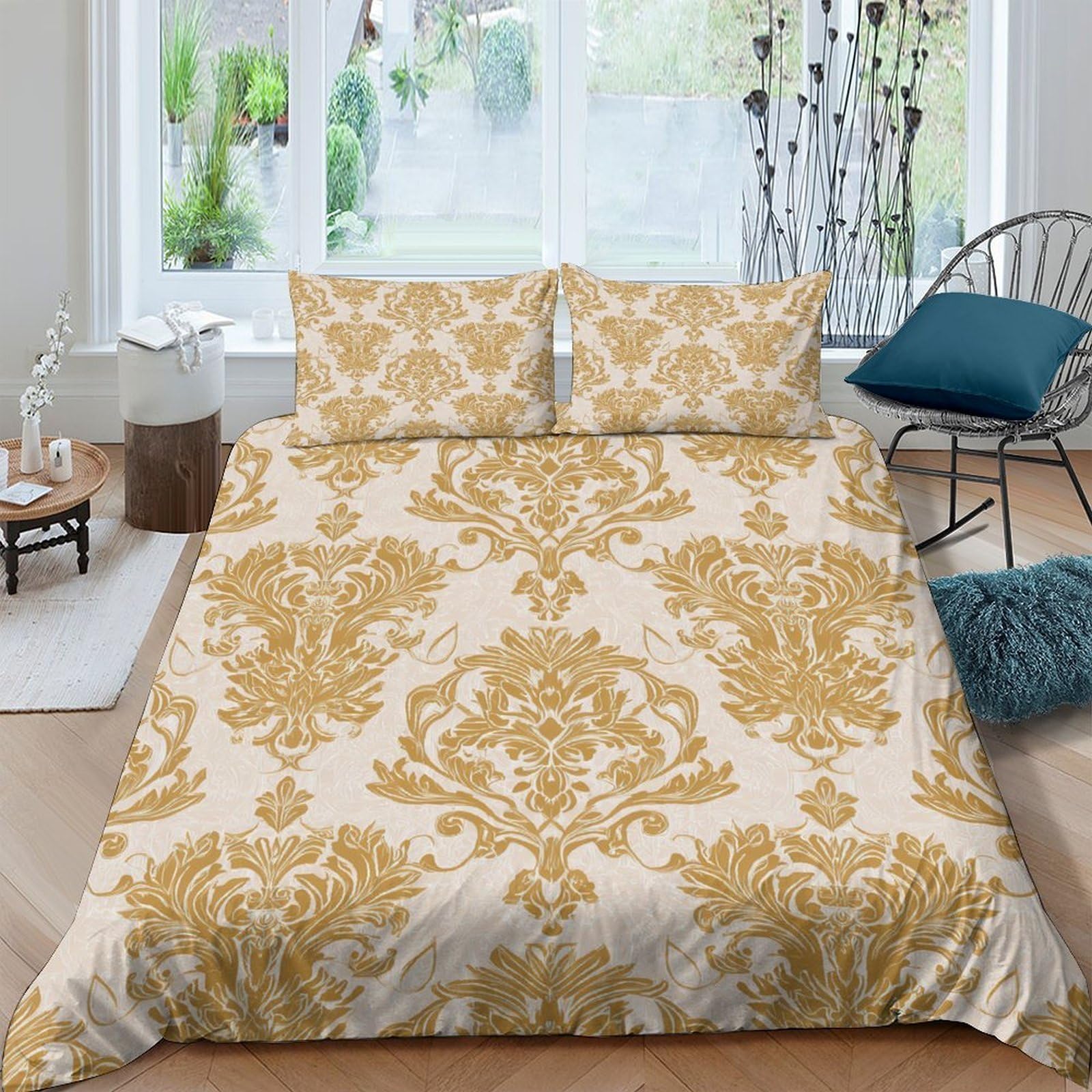 Ctjqhvkz Style-4 3D Printed Baroque Damask Fitted Sheet Microfiber Gold Ornate Mattress Cover Anti-Slip Machine Washable Bedroom Decor Single（135X200cm）