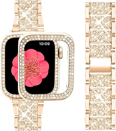 SUPOIX Compatible con Apple Watch Band de 1.77 pulgadas + funda, correa de metal con diamantes brillantes para mujer y paquete de 2 fundas