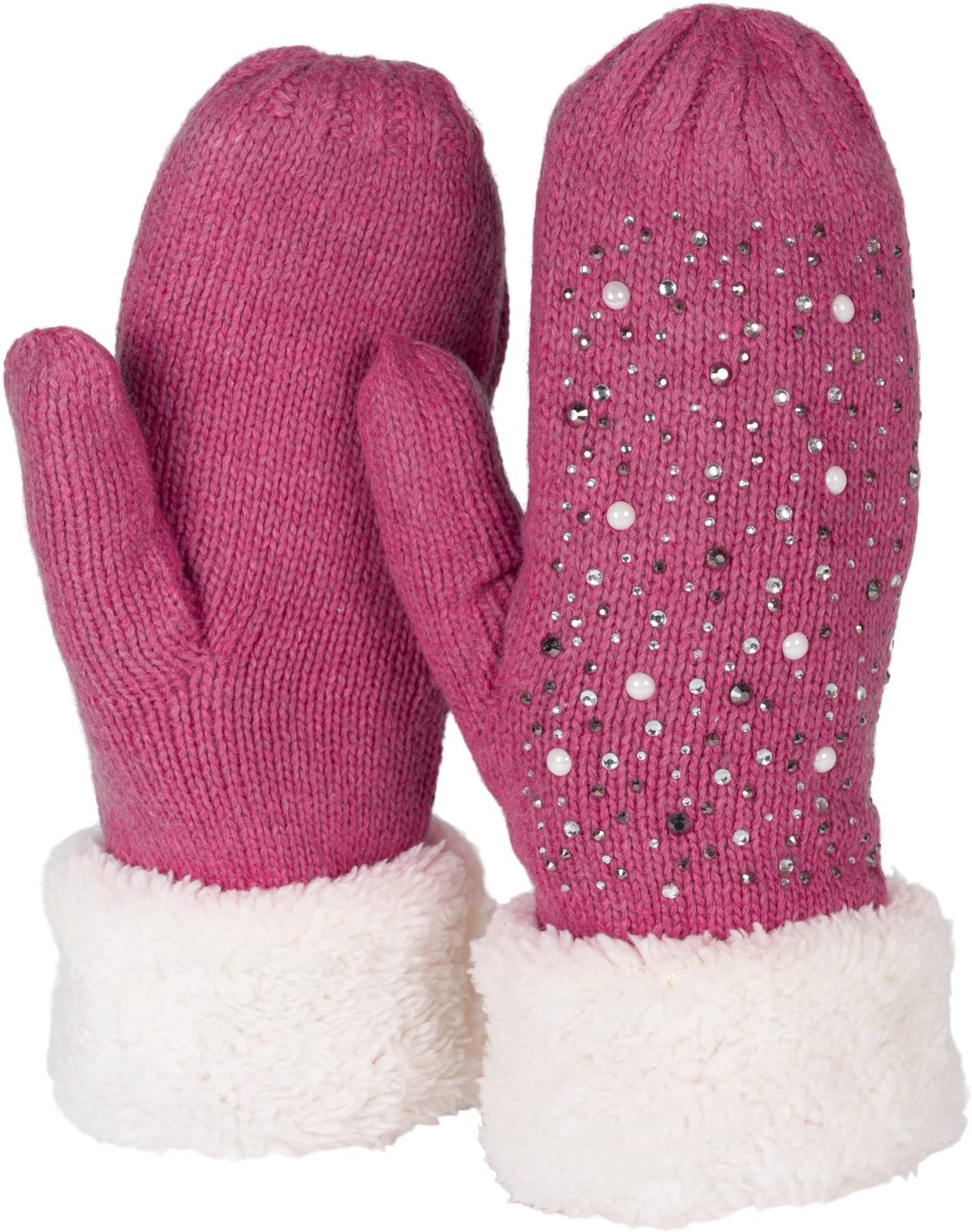 Stylebreaker Women's Pink- Warm Winter Knitted Mittens With Rhinestones And Pearls, Gloves, Thermo Fleece, Knitted Gloves 09010039, Colour: