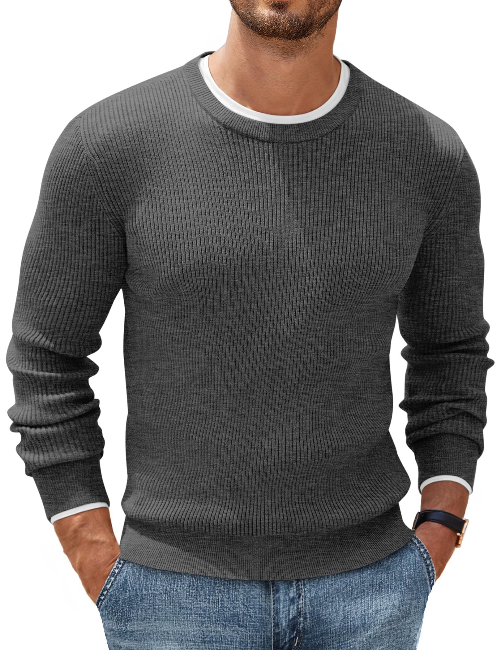 COOFANDY Herren Rundhals Pullover Basic Strickpullover Feinstrick Business Pullover Männer Ribbed Sweater Pulli Winterpullover