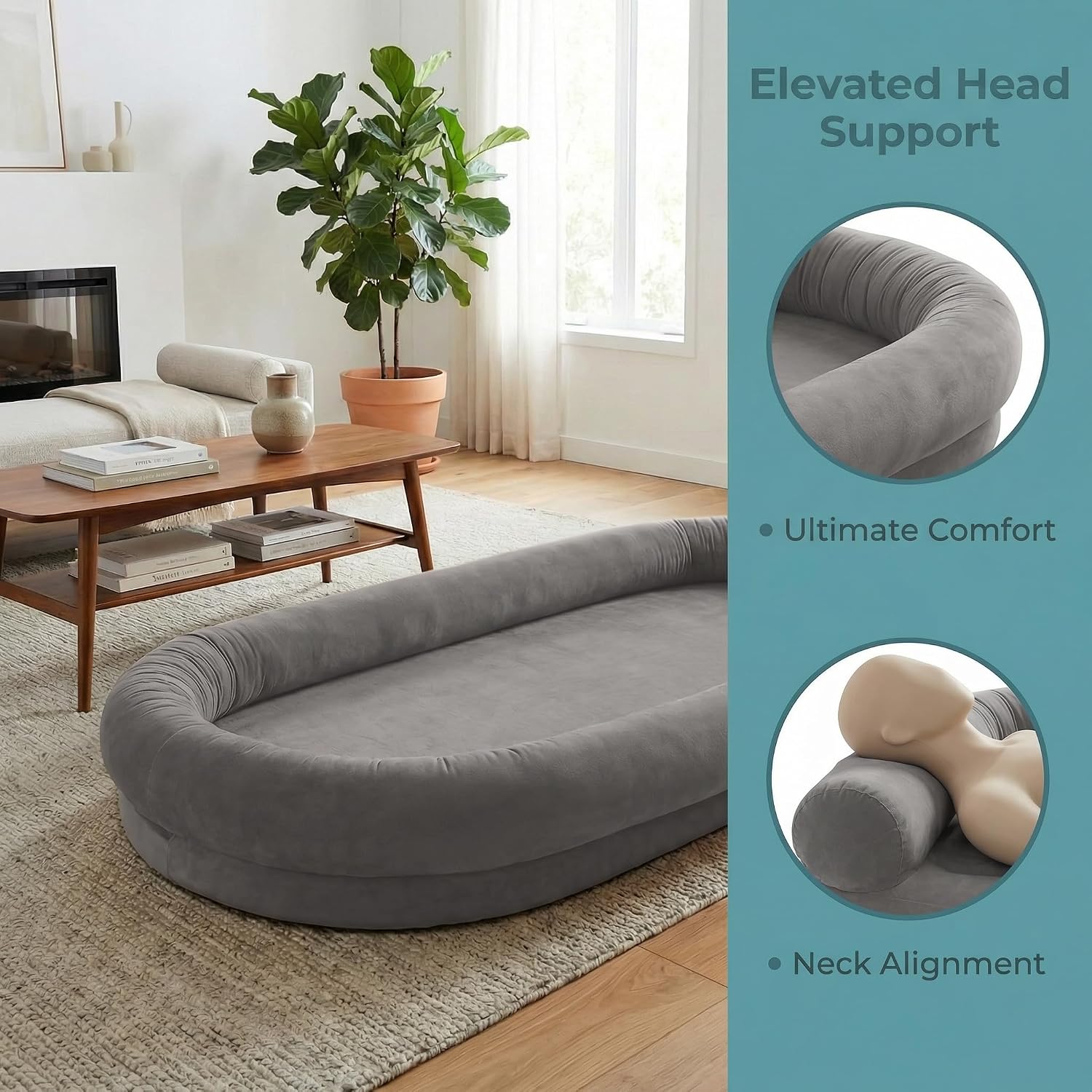 Human Dog Bed for Adults, Giant Human Size Dog Bed for People & Pets, Orthopedic Supportive Foam, Washable Removable Plush Cover, Oversized Shared Pet Bed for Indoor Relaxing (Grey)