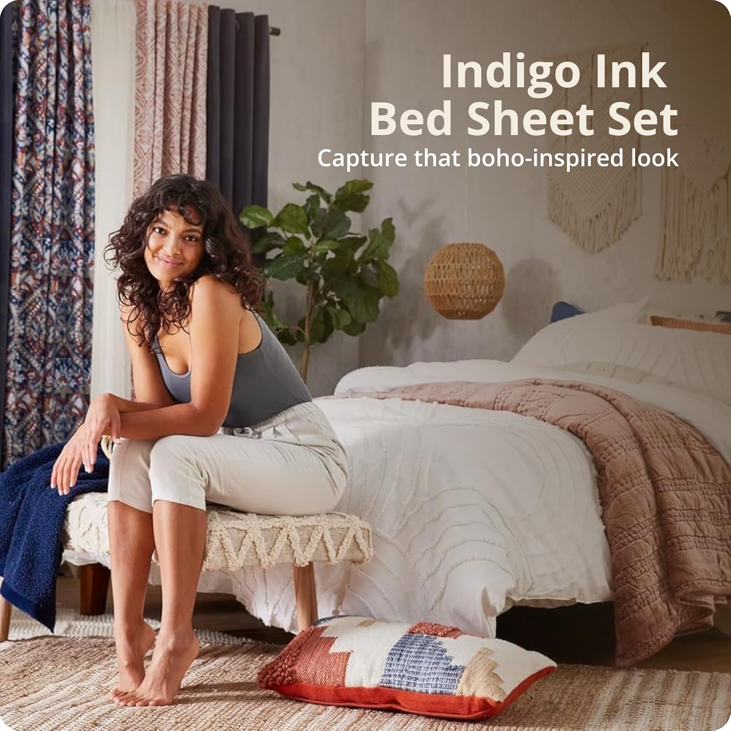 Indigo Ink Queen Size 4-Piece Sheet Set - Fitted & Flat Sheets & Pillowcases Boho Pattern Soft, Breathable, Durable & Wrinkle Resistant Deep Pocket Sheets Tufted Medallion Collection Grey
