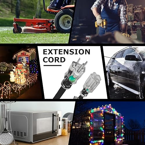 Miniatura 7 de YOJOE Cable de extensión negro de 40 pies, cable 123 iluminado para exteriores, cable de extensión SJTW de calibre 12 y 3 clavijas resistente con