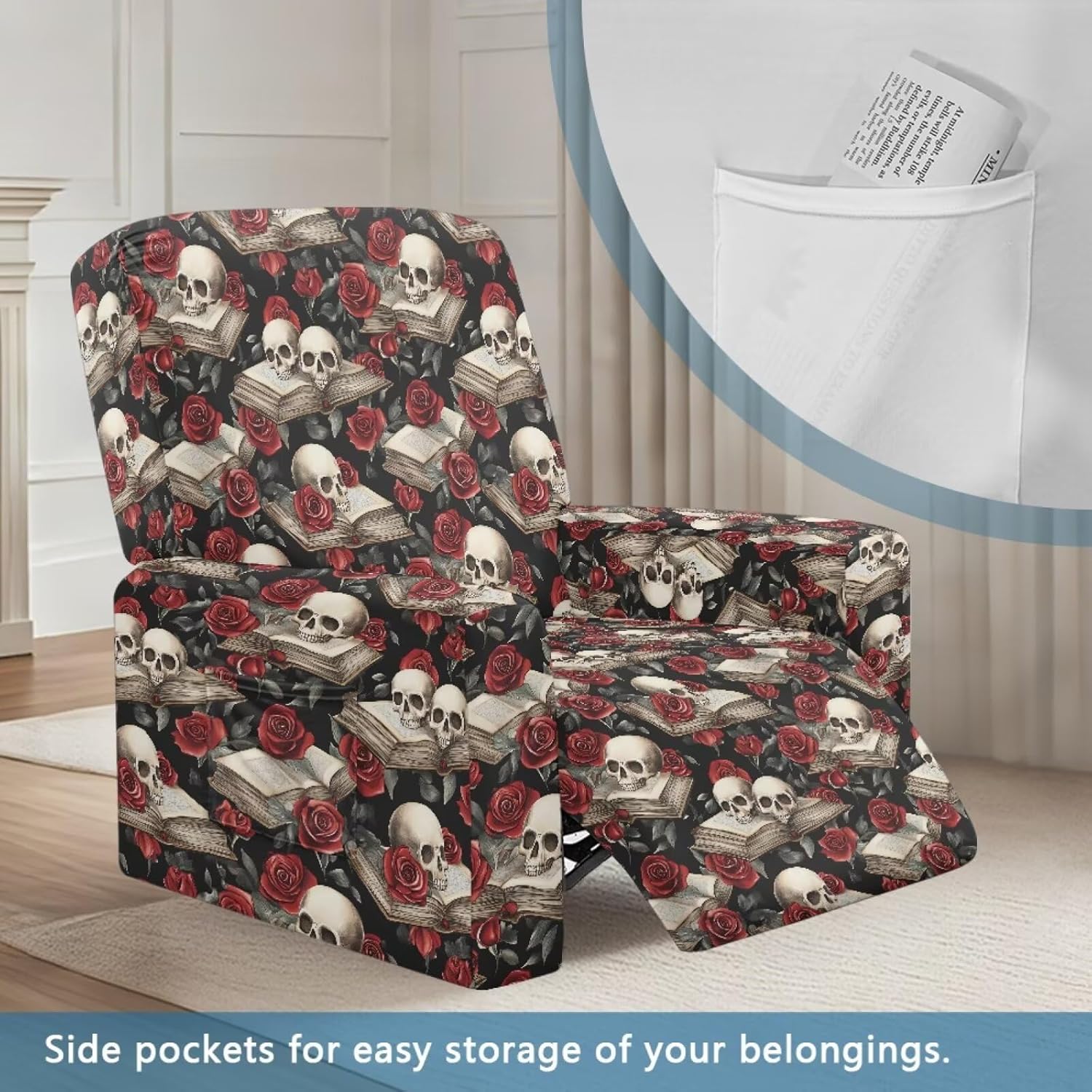 Red Rose Skull Print Recliner Slipcover Anti-Dust Reclining Chair Cover with Pocket Fitted Couch Covers for Lazyboy Lounge Armchair Protector for Home Decor