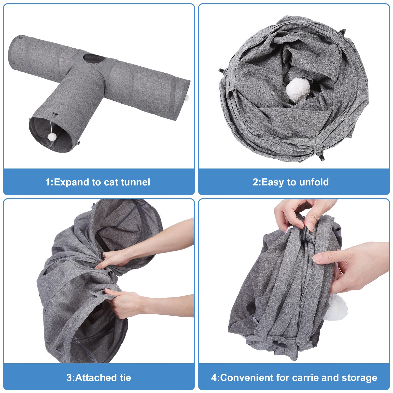 Ownpets Tunnel per gatti, grande tunnel per animali domestici a 3 vie con robusto tessuto Oxford, pieghevole e resistente agli strappi, con uscite multiple, palla sospesa e bacchetta teaser, diametro
