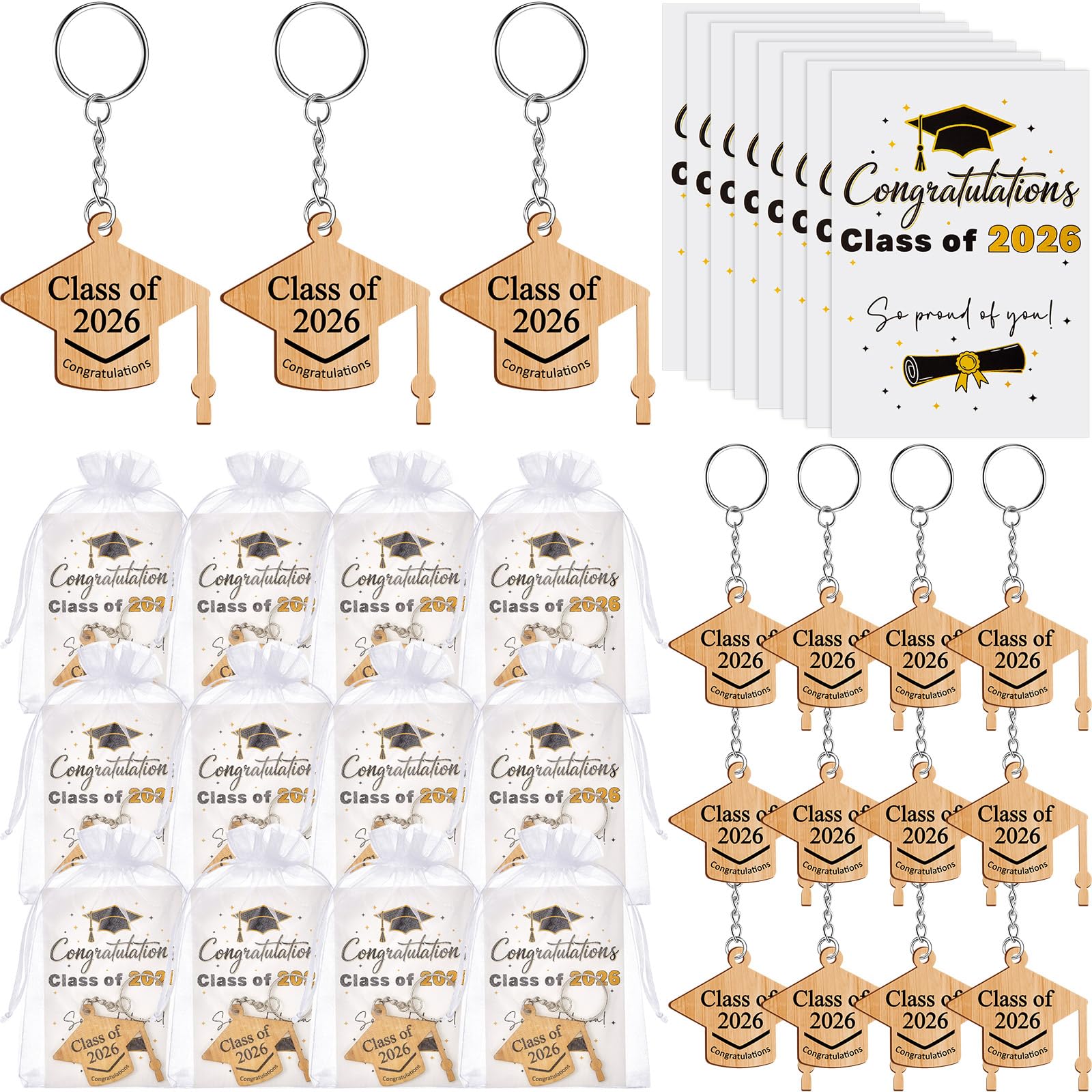 Otuuz 15 Sets 50/36/15 Sets End of Term Gift Star Keyring & Inspirational Cards, Class of 2026 School Leaver Wooden Token Favor, Motivational Gift for Student from Teacher (Academic Cap Shape)