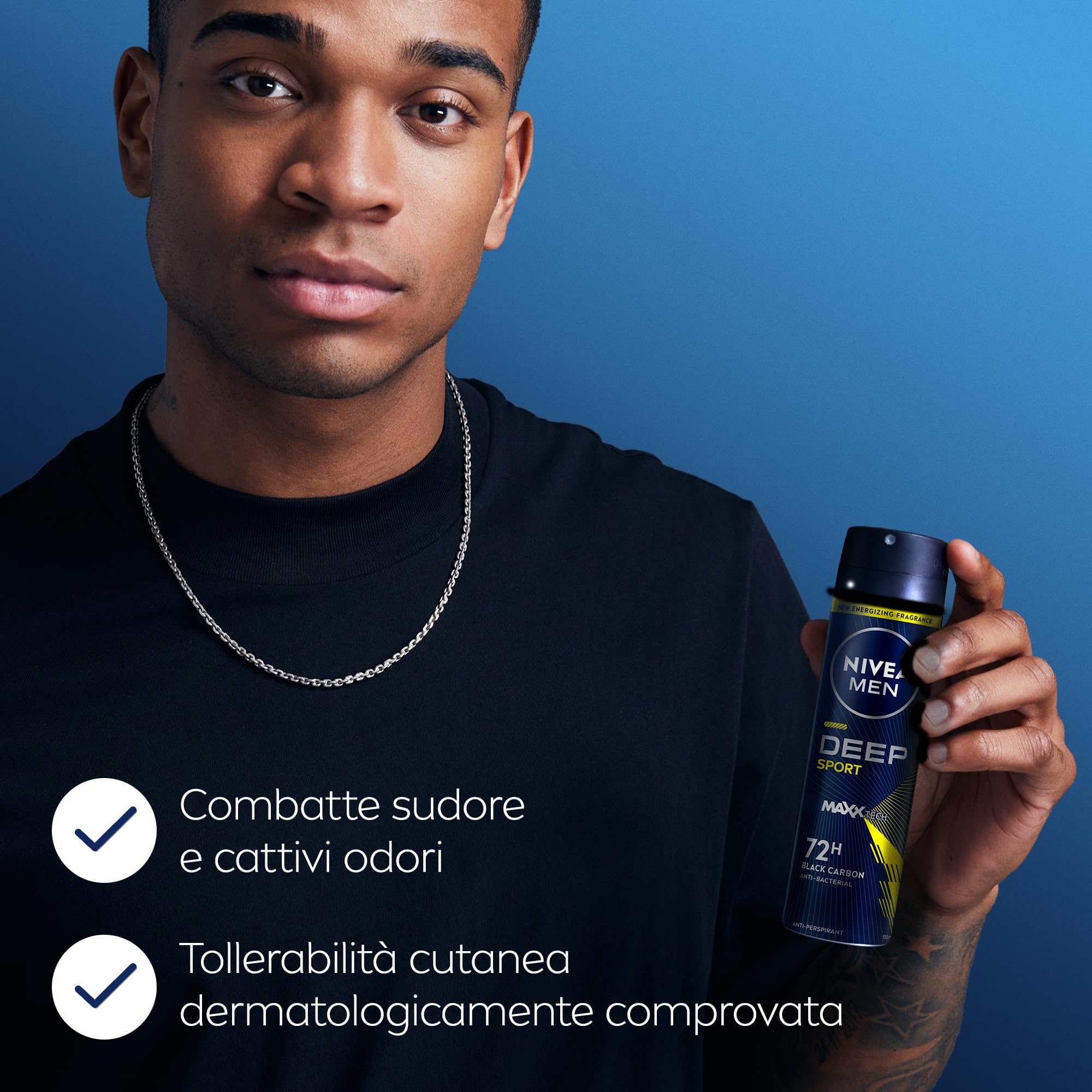 NIVEA MEN Deep Sport Spray 150 ml, Deodorante uomo arricchito con Carbone Attivo per 72h di protezione, Deodorante spray antitraspirante per l'attività sportiva (Confezione da 4)