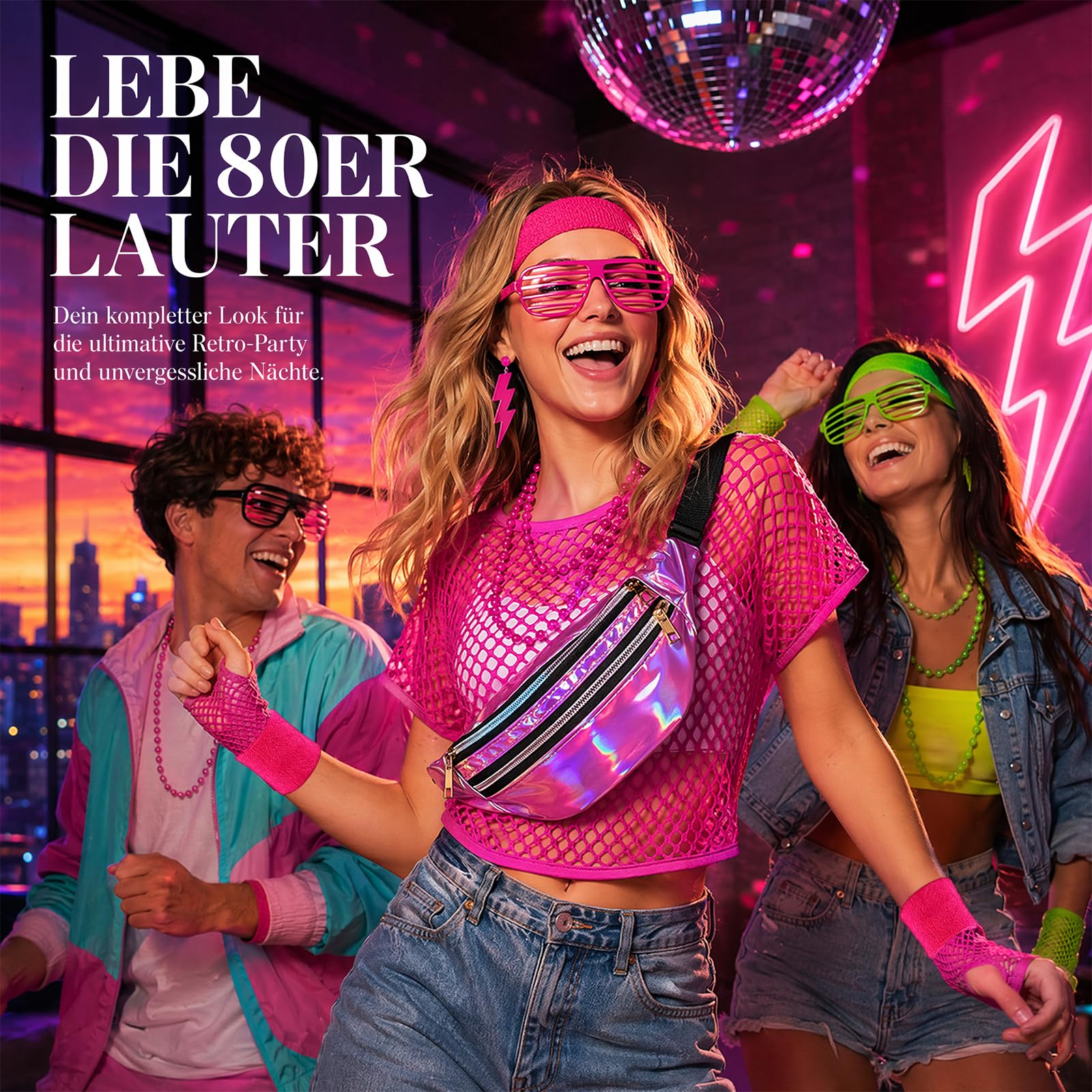 80er Jahre Accessoires Damen 90er Set, mit Oberteil, Gürteltasche, Socken, Haarband, Halskette, Ohrringe, Brille, 80er 90er Jahre Accessoires Outfit Damen 80s für Karneval Neon Party