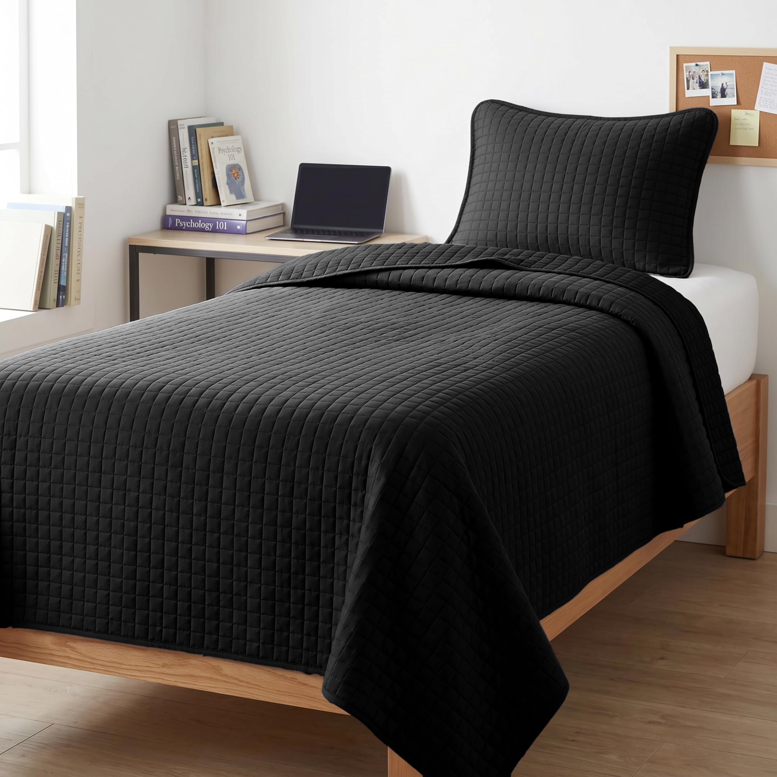 Twin XL Quilt Bedding Set w/ 1 Pillow Sham, Dorm Room Essentials, Black