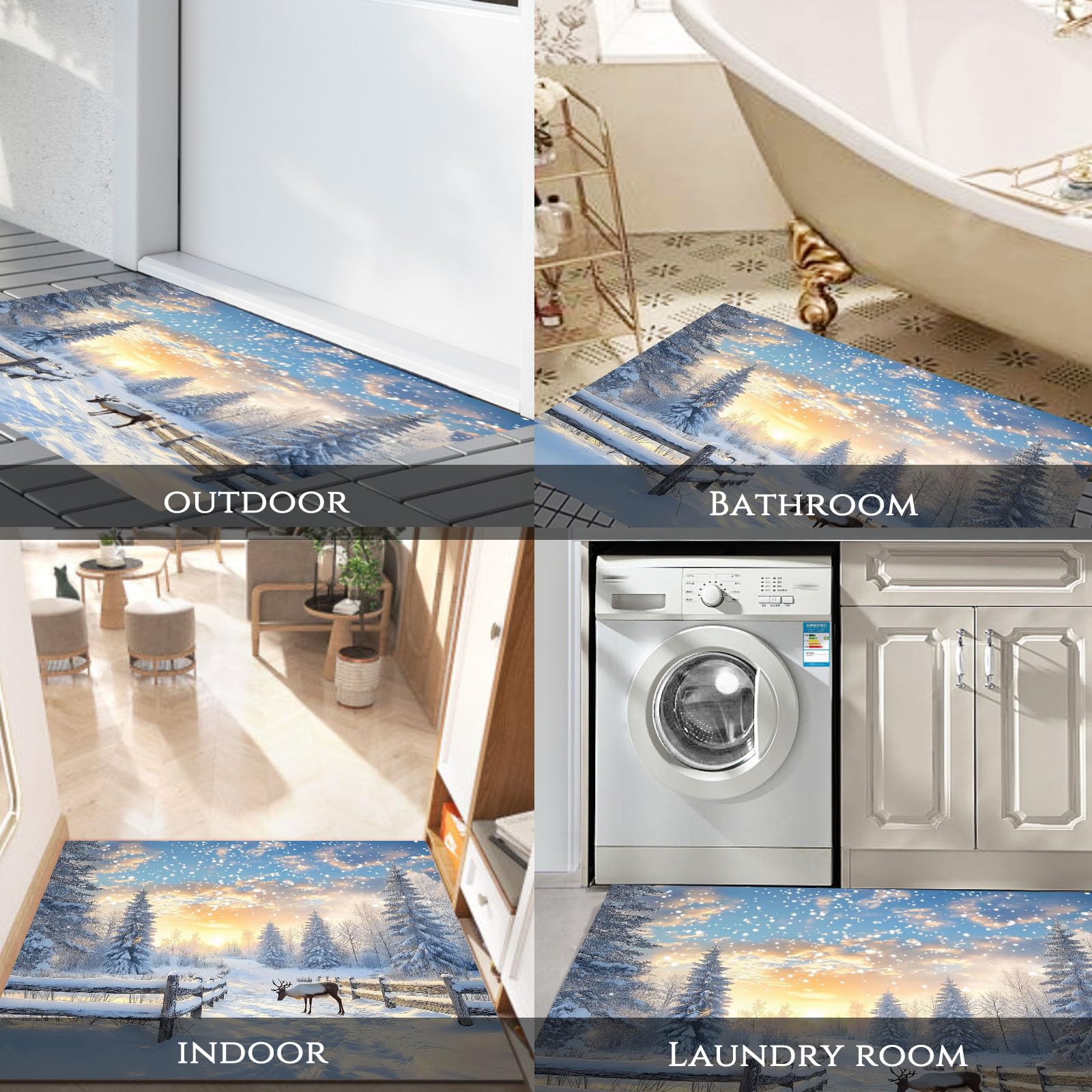 Felpudo De Navidad, Alfombra Copos De Nieve Al Atardecer para Entrada Casa 90X150Cm, Alfombra De Puerta De Entrada, Felpudos Lavables Patrón De Bosque De Renos Azul Cielo, Decorativo Casa
