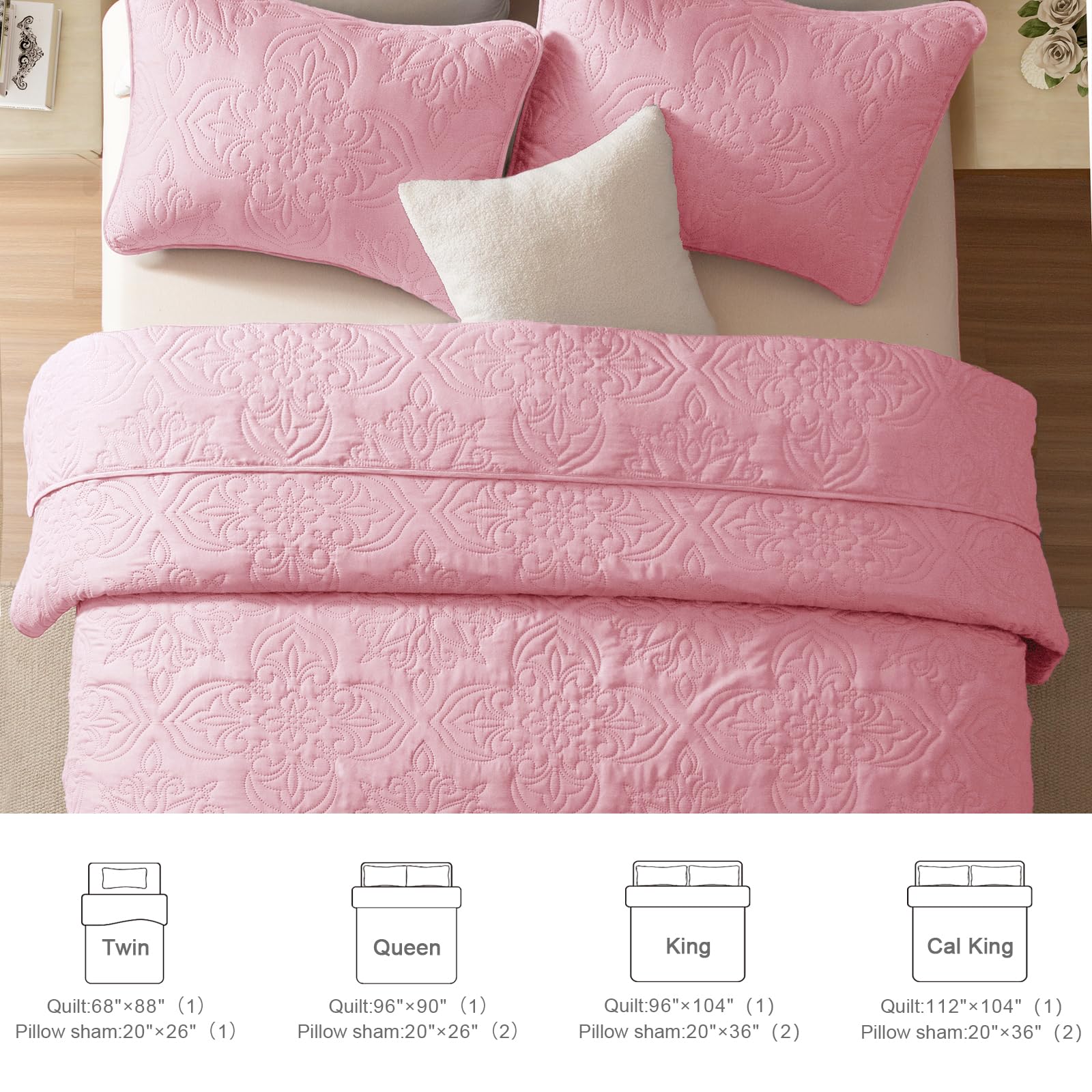 Juego de ropa de cama suave tamaño Queen para todas las estaciones, juego de edredón ultrasónico de damasco vintage, colcha reversible ligera, cubrecama con 2 fundas de almohada, rosa 6