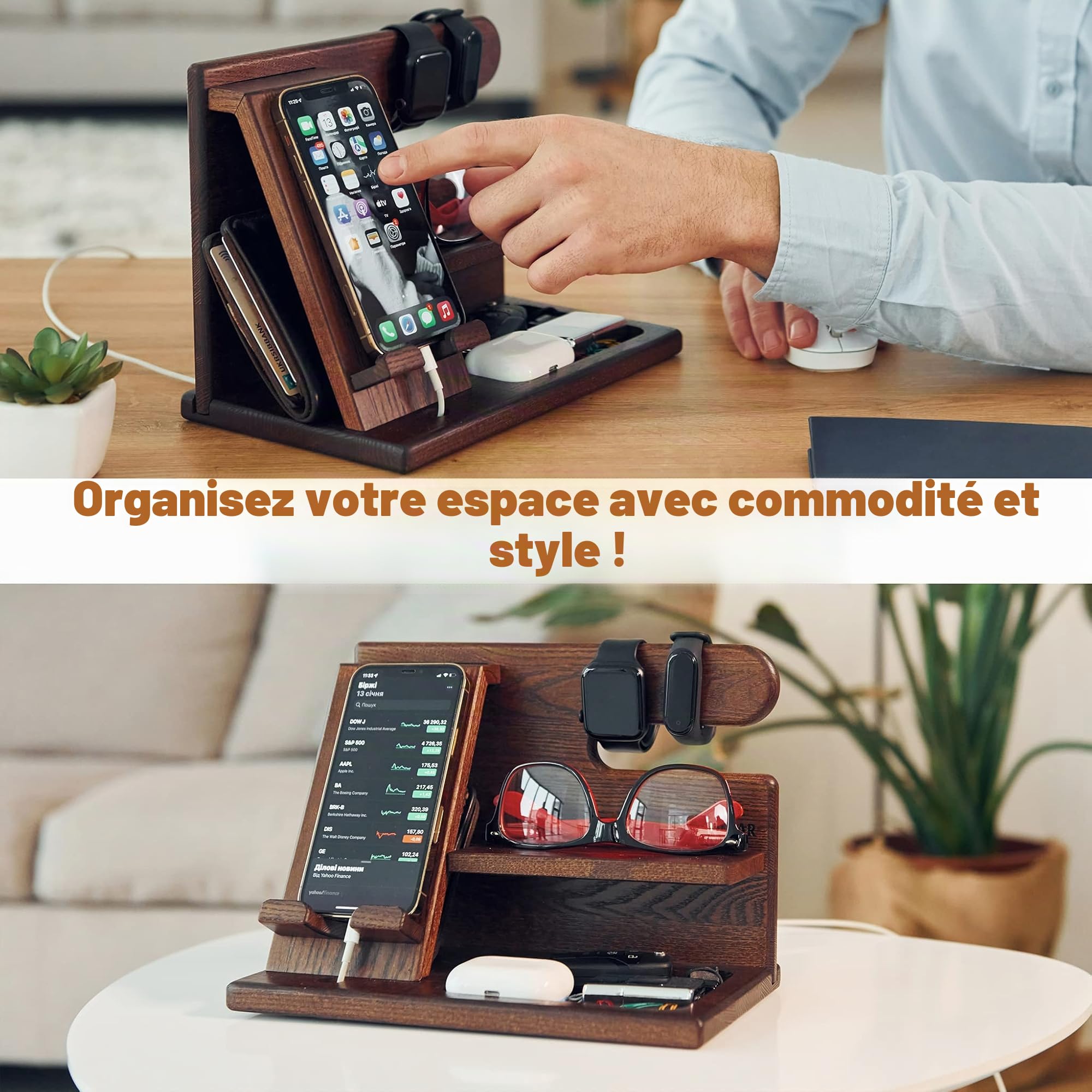 TESLYAR Station d'accueil en bois pour téléphone, montre, porte-clés, porte-monnaie, Gadget homme