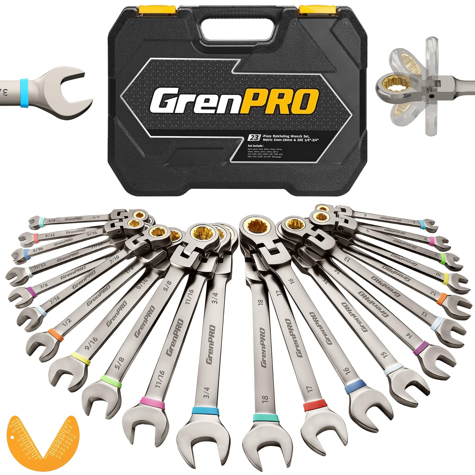GRENPRO 23PC Flex Head Ratcheting Wrench Set Metric&SAE OpenEnd Combination | 1/4"-3/4"&6-18MM Bolt Gauge, Gray Nickel CR-V 72-Tooth 5-Degree Swing 12Pt Color Rings, Storage Box For Auto & Home Repair