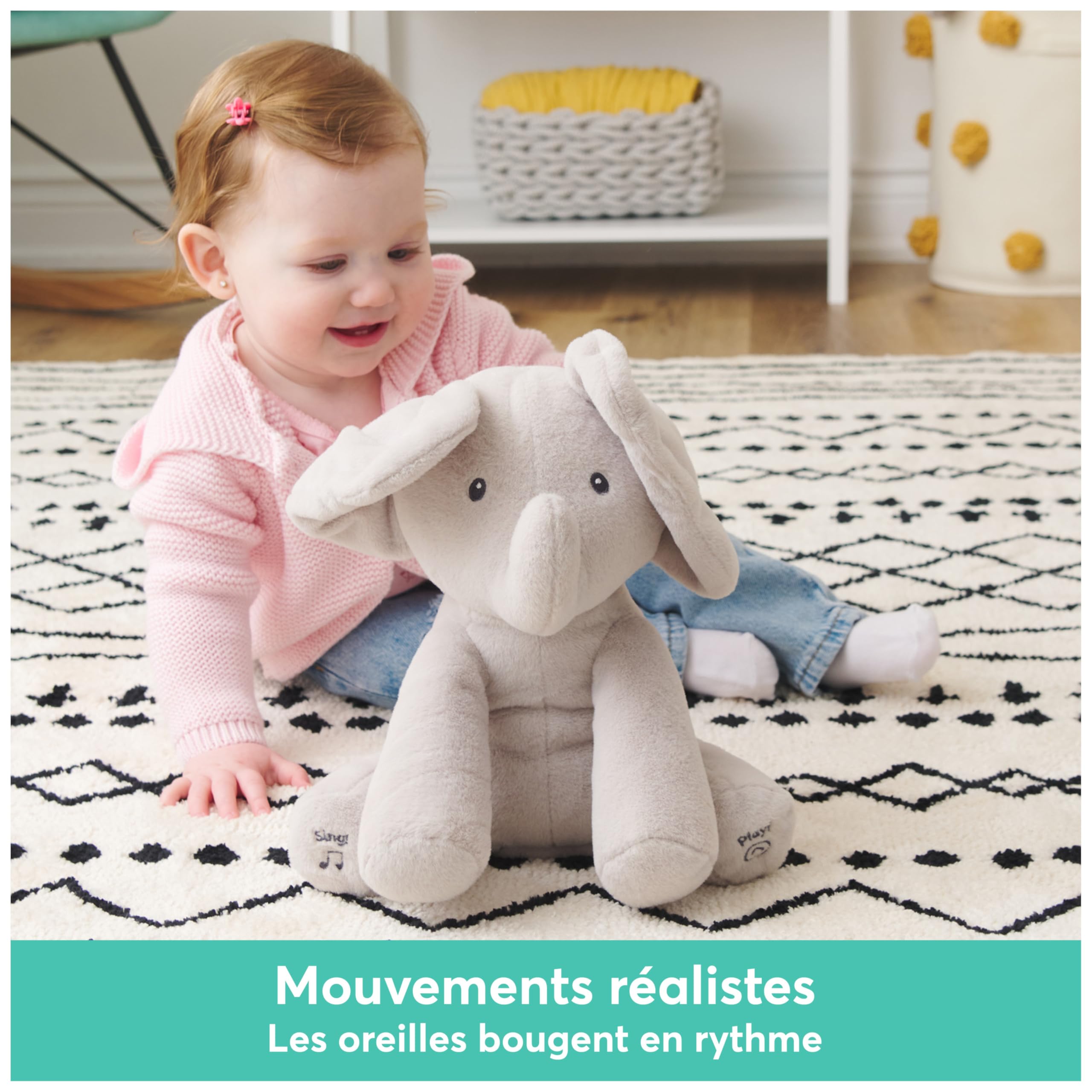 GUND - Flappy L'Éléphant - Peluche Interactive pour Bébé | Bouge Parle Et Chante En Français - Éveille Les Sens - Peluche Éléphant 30 Cm - Doudou Bébé - Piles - Jouet Bébé 1 An Et +