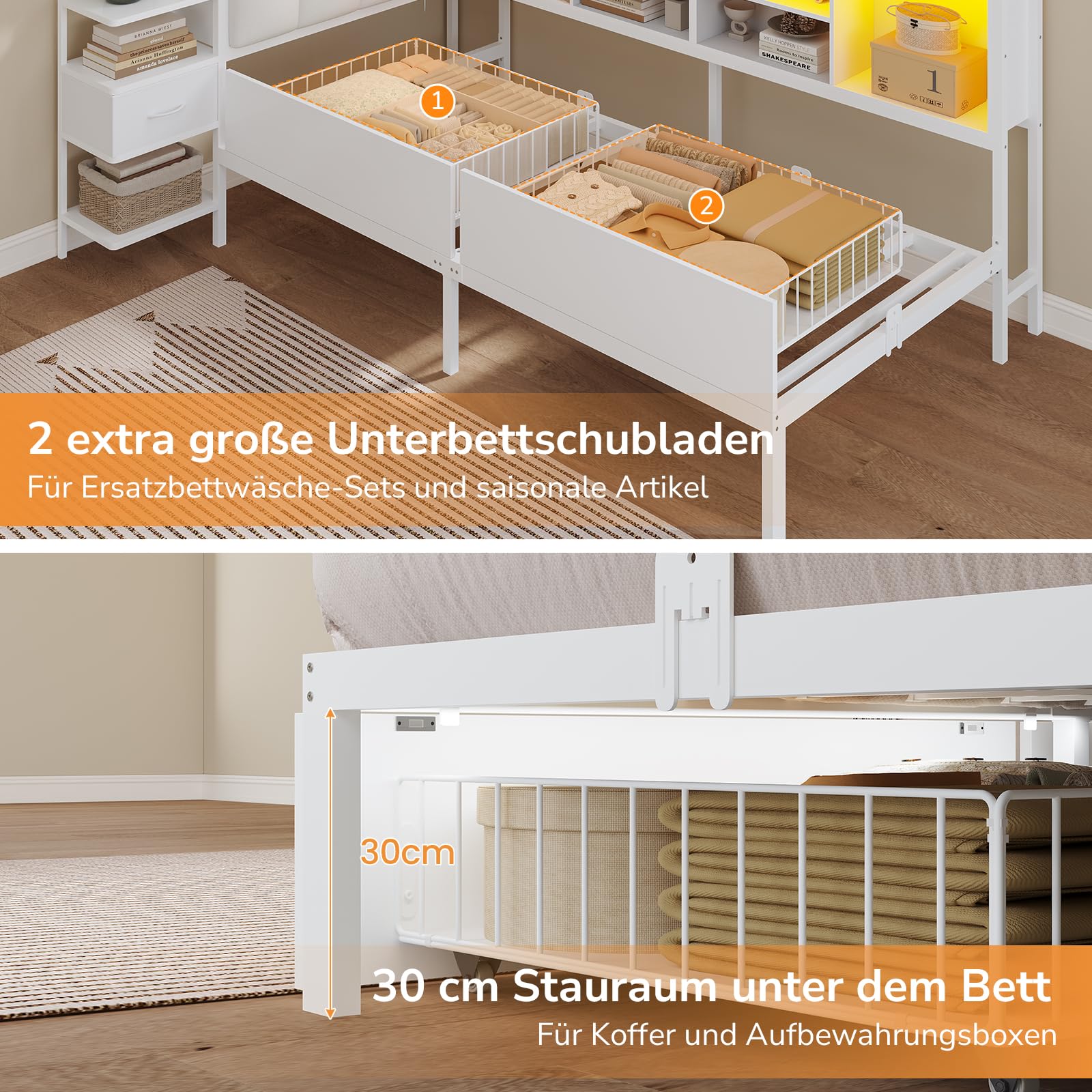 Cama juvenil de 90x200 in, color blanco con LED, espacio de