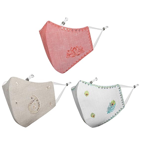 MASQ By Q-One Lotus 4 Layer, Reusable, with Ear Adjusters, Anti-Bacterial (BFE>99%) Embroidered Linen Cotton Cloth Face Mask Combo for Women, Girls (includes Mask Bag)(White-Red-Beige)