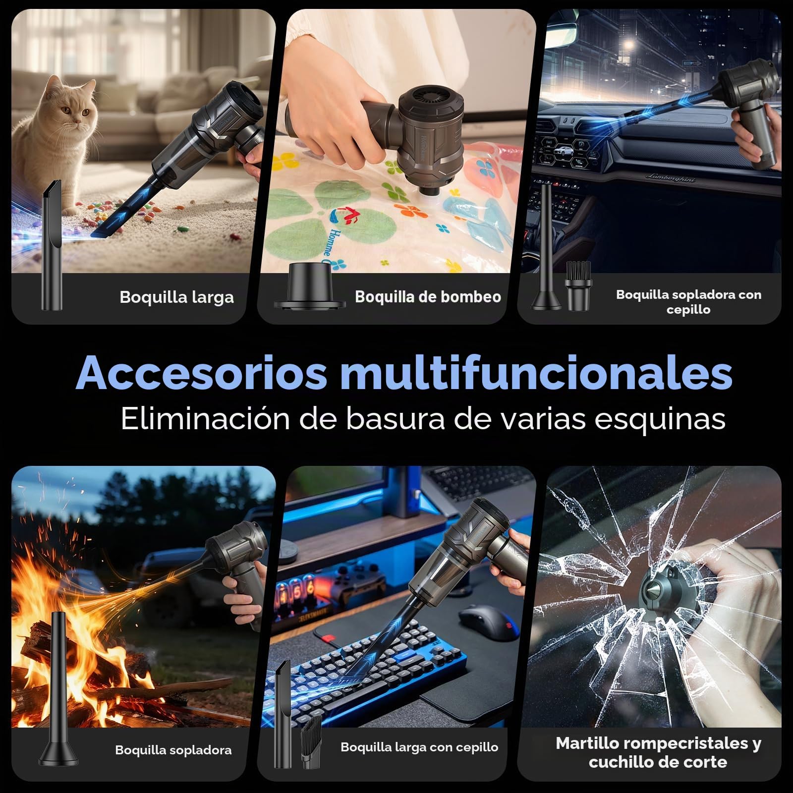 Aspirador de Mano, 25000Pa Aspiradora sin Cable Coche 5 en 1 con Motor sin Escobillas, 2 Niveles de Succión, Mini Aspira Auto para casa, Auto, Oficina y Pieles de Animales domésticos
