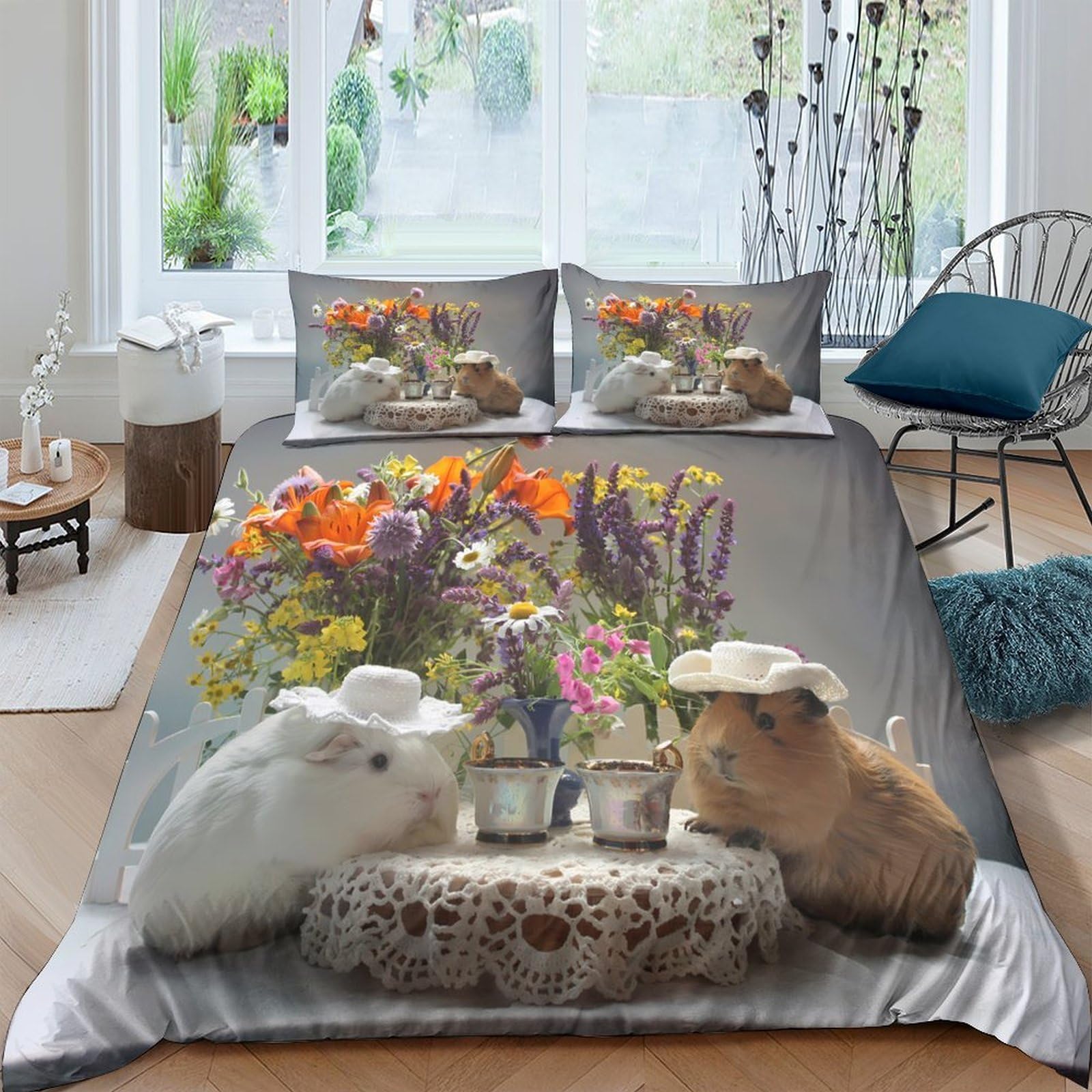 XFKLYNVCJ 3D Printed Cute guinea pigs Quilt Cover Premium Polyester Floral garden scene Duvet Cover Wrinkle Resistant Stain Resistant Durable Easy Care Machine Washable for Bedroom Single（135x200cm）