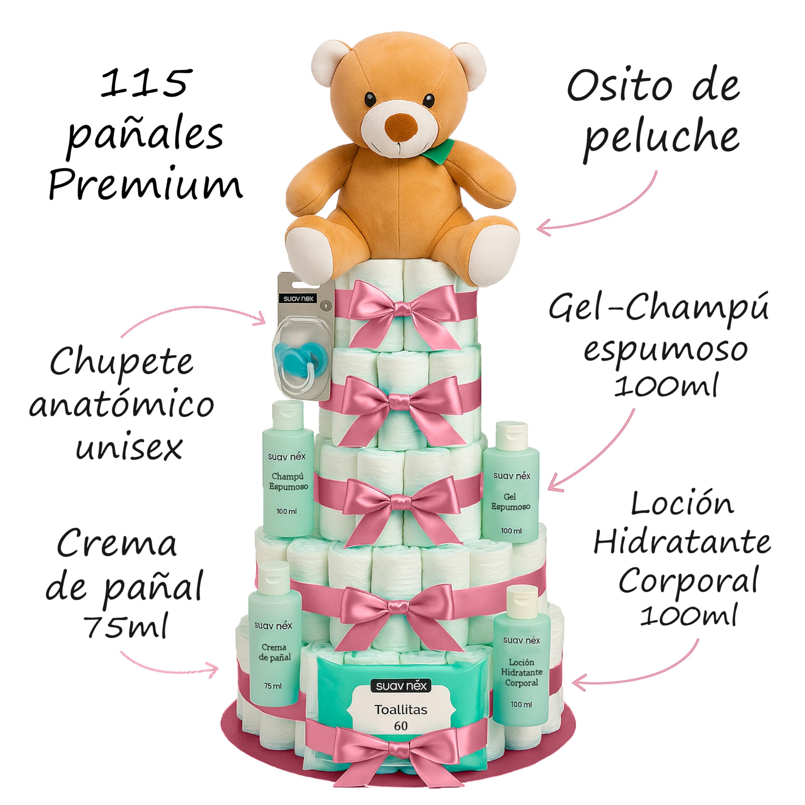 Tarta de Pañales Personalizable XXL Rosa Regalo Bebé Recién Nacido Niña Canastilla Bebe Recién Nacido. Chupete Gel Toallitas Loción Crema. Cesta Accesorios Bebe Recien Nacido Regalos Mamás Primerizas
