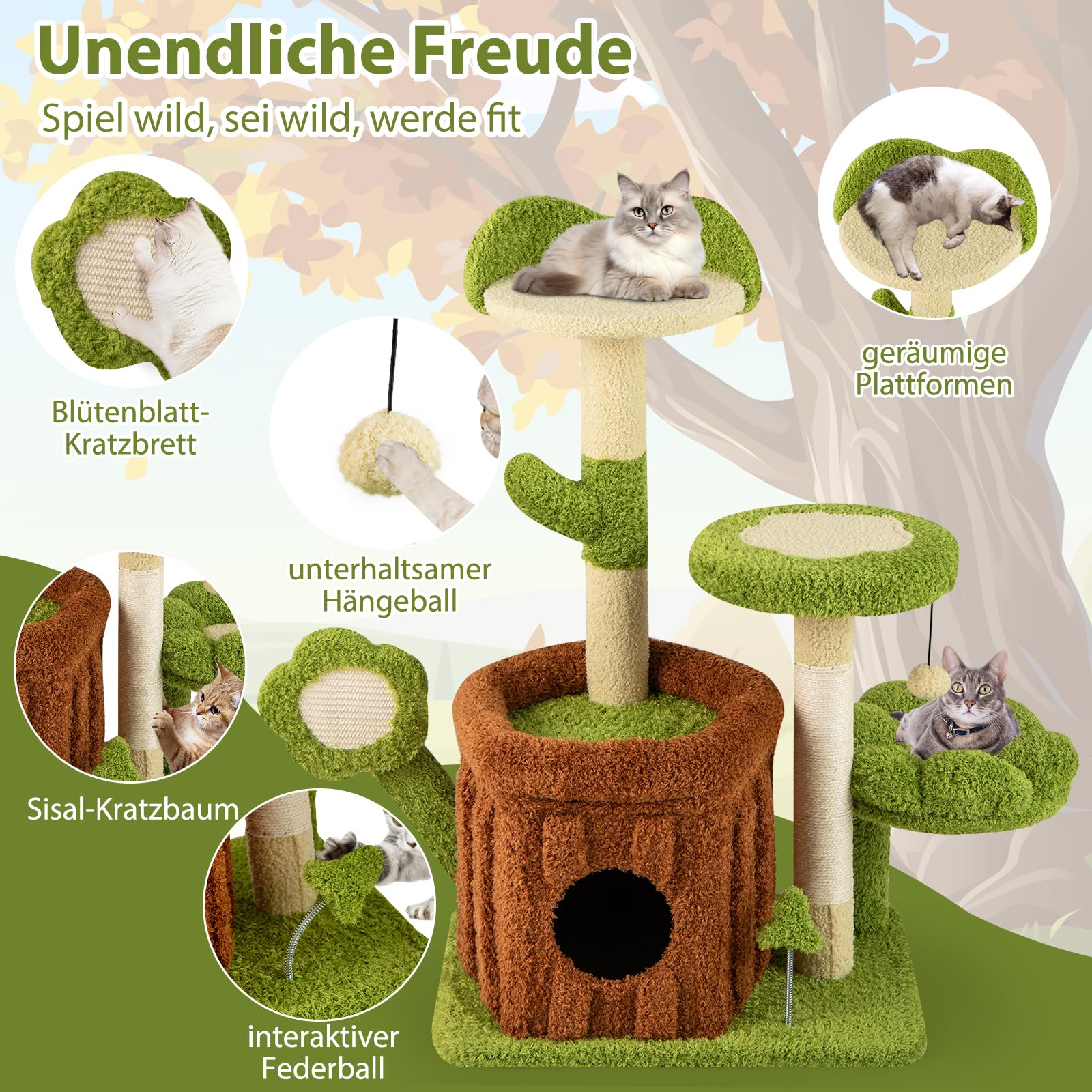 COSTWAY Kratzbaum, Katzenbaum mit Katzenhöhle, Plattformen, Plüsch-Schlafbett, Ball & Brett, Katzenkratzbaum Katzen Katzenmöbel, Kletterbaum Aktivitätsbaum, Grün + Braun (55 x 40 x 92 cm)
