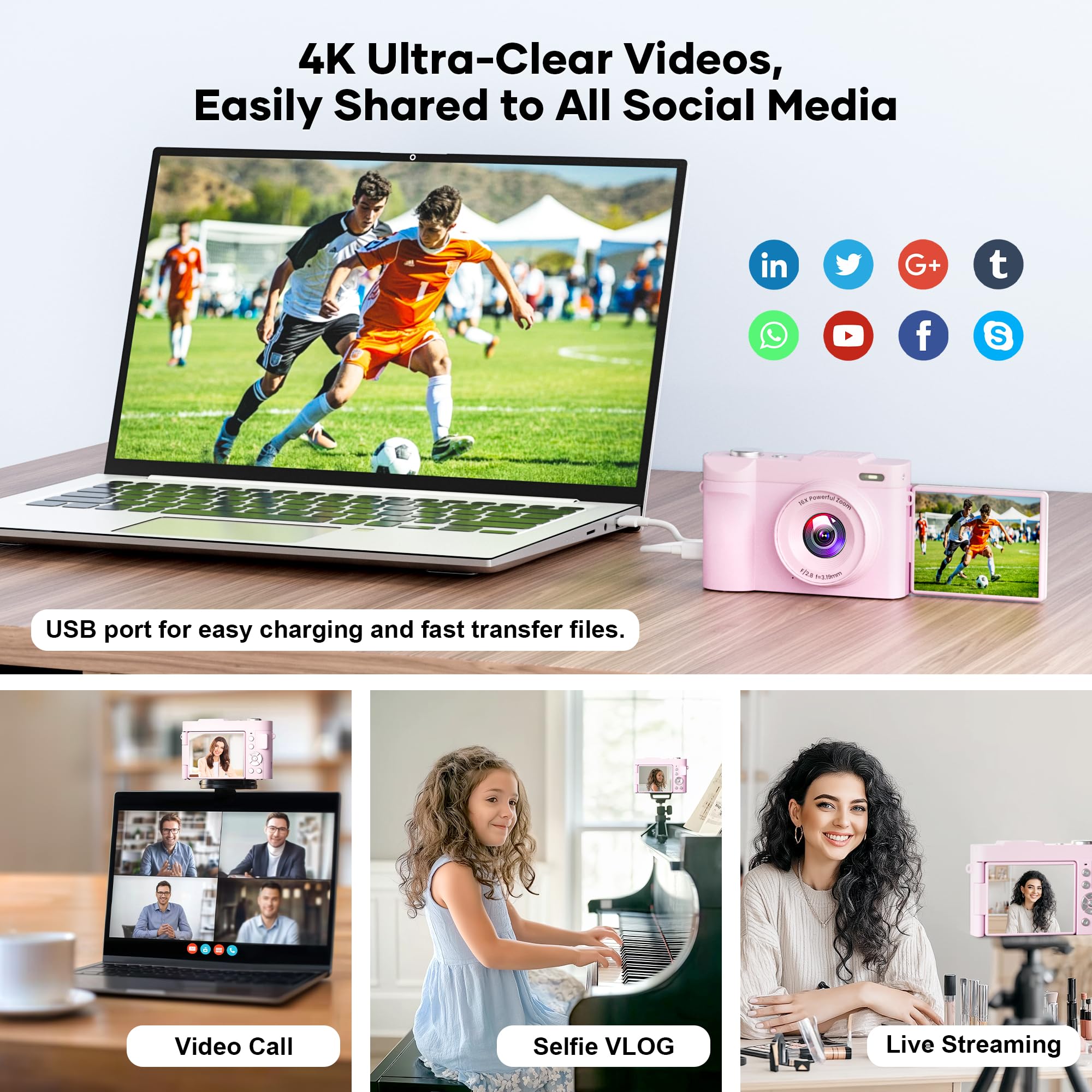 4K Digitalkamera für Fotografie Autofokus, Kompakte 50MP Kamera mit 180° Flip Screen, 16X Digitalzoom, Camara Fotografica mit 32GB Karte - Großartig für Vlogging und Lernen Fotografie