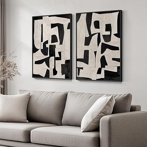 Framed Black and Beige Abstract Wall Art, 2 Piece Canvas Prints Paintings Artwork for Walls, Modern Minimalist Abstract Pictures for Living Room Hallway Bedroom Office Bathroom Wall Decor 16x24 In