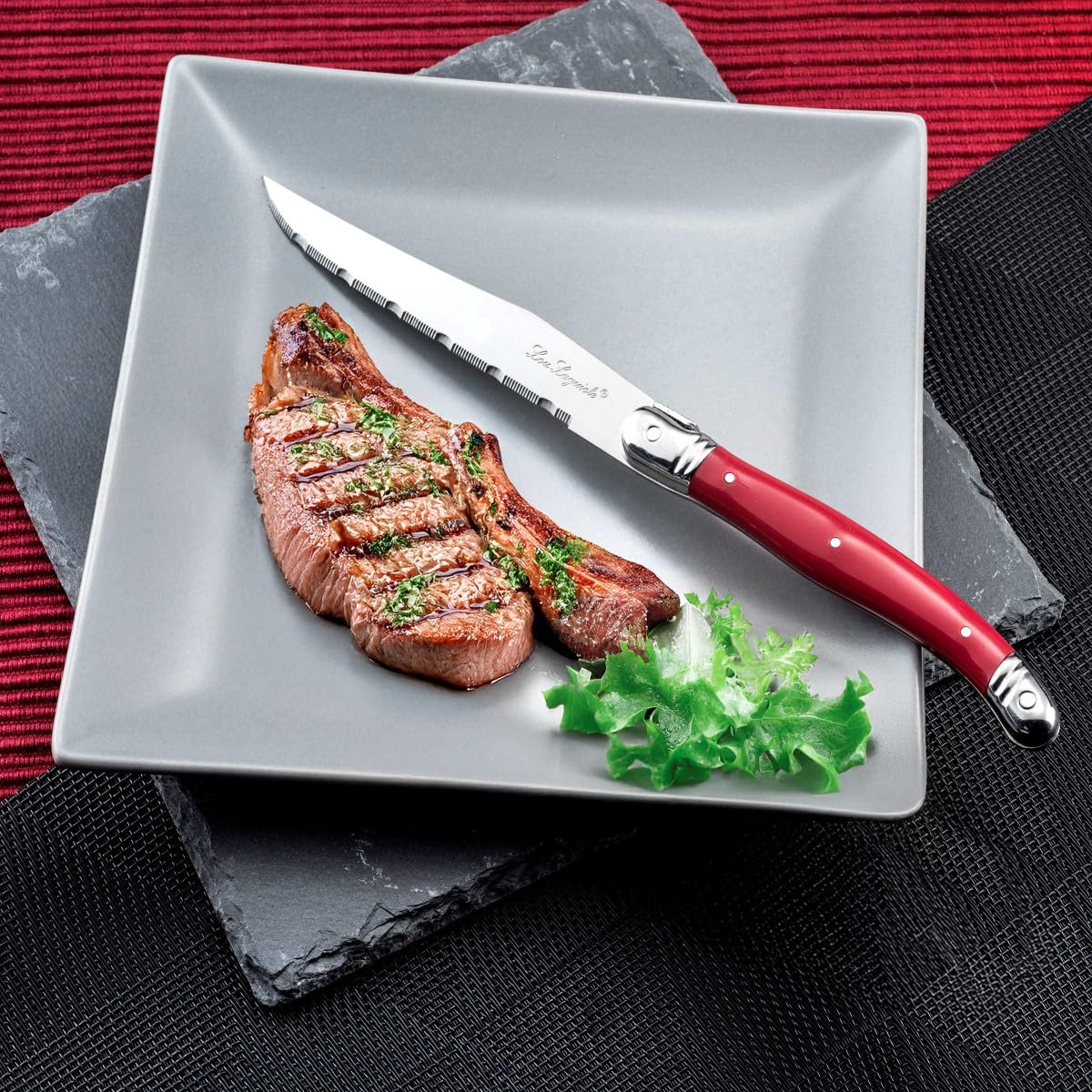 LOU LAGUIOLE - Blocco da 6 coltelli da bistecca - Tradition - Acciaio 18/0 - Finitura Brillante - Rosso