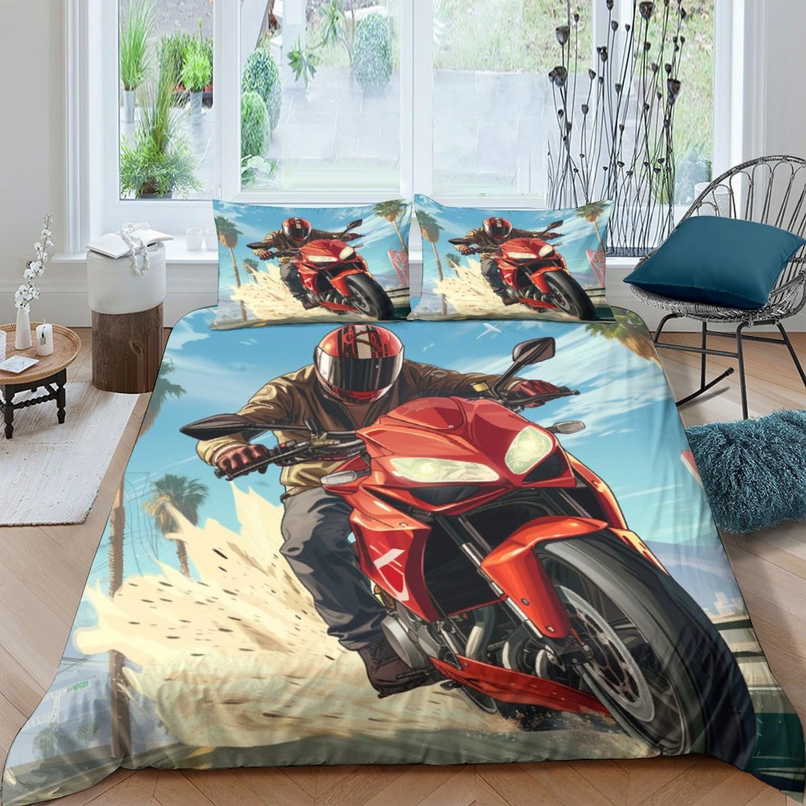 Housse de couette moto et 2 taies d'oreiller lit enfant ado en microfibre anti-allergique