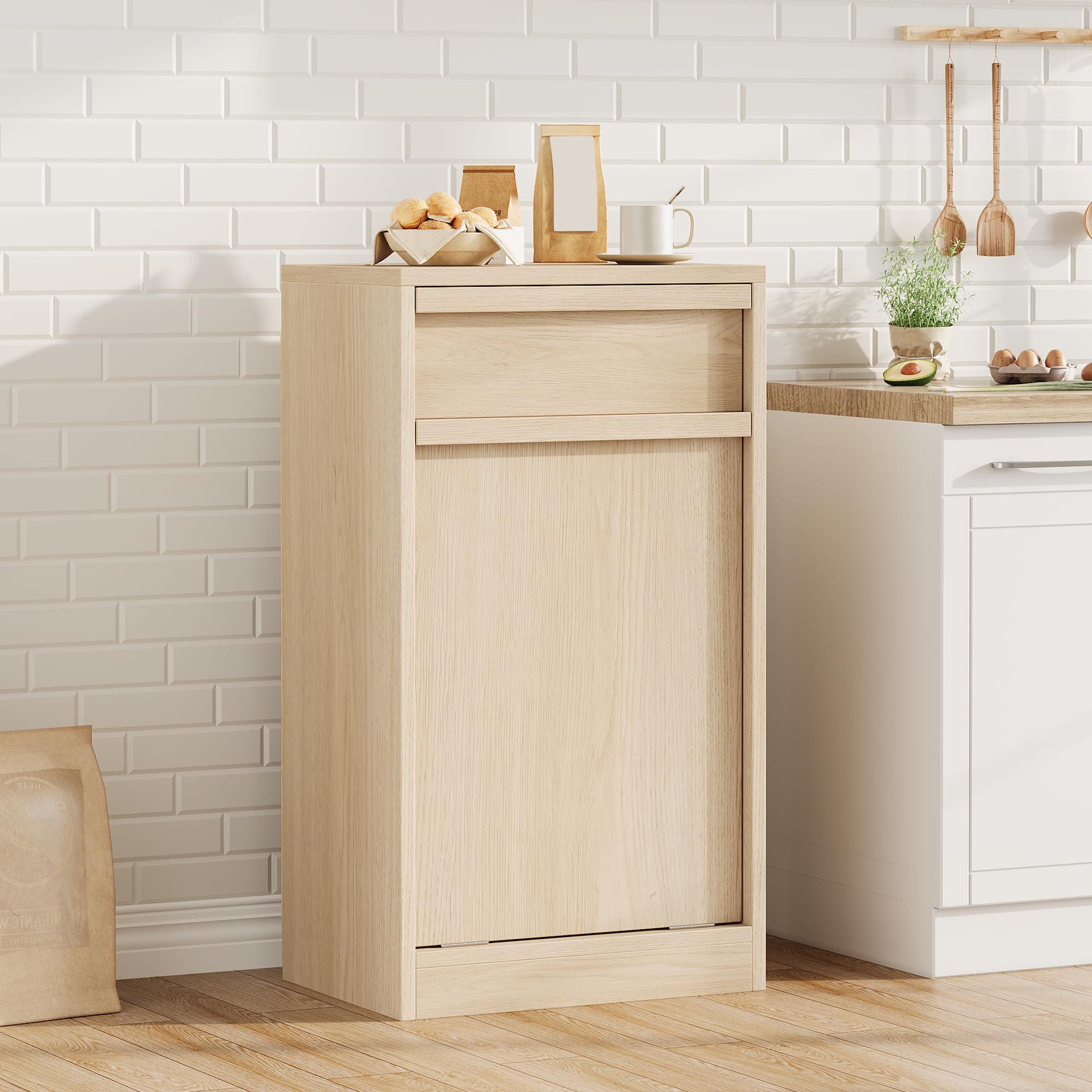 Armoire Poubelle De Cuisine 13 Gallons – Bois Blanc, Recyclage, Avec Couvercle