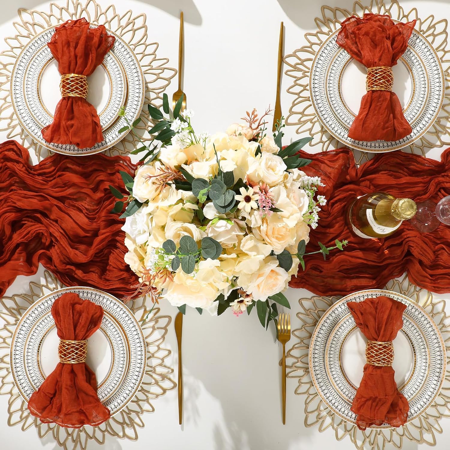 Preboun 26 Pcs Thanksgiving Table Decorations Includes 12 Cheesecloth Napkins 2 Terracotta Table Runner 12 Gold Metal Napkin Rings Bulk Rustic Wedding Thanksgiving Party Decoration Home (Rustic)