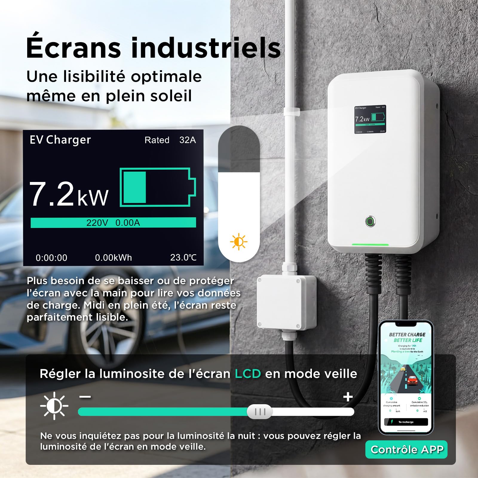 Morec Borne de Recharge Véhicules Électrique Type 2 32A 7KW 6M avec APP Prend en Charge la Connexion Standard Bluetooth et WiFi pour la Station de Charge, IEC 62196-2 Standard, RCD Type B