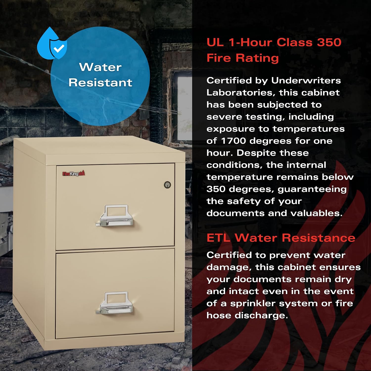 FireKing Vertical 2 Drawer Letter Fire Safe File Cabinet with Key Lock, 1 Hour Fire Rated, UL Rated & Water Resistant Home Safe, Made in the USA, Parchment