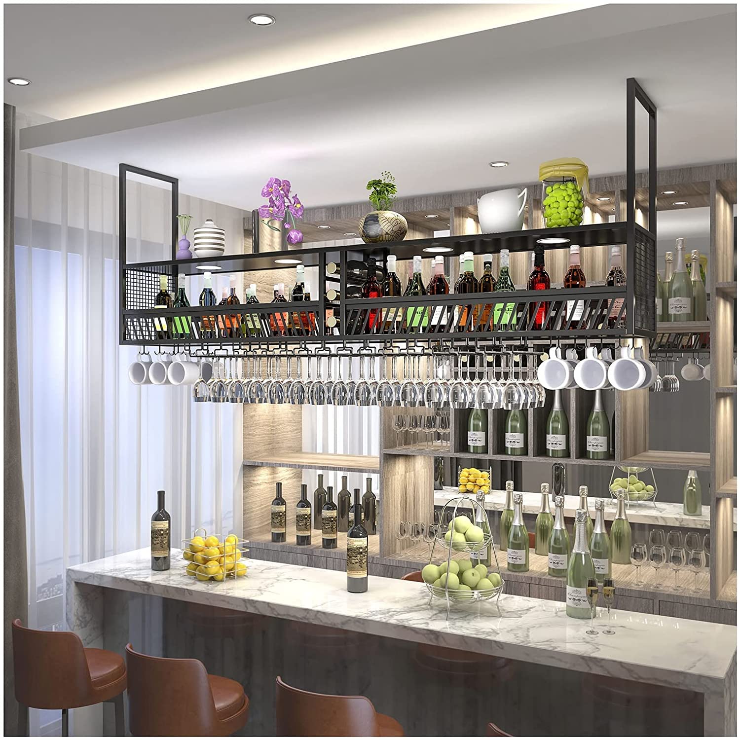 Casier à vin de plafond noir 100x30cm en métal suspendu rétro pour bouteilles et verres