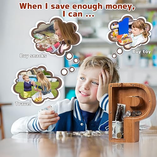 Vista 32 de Alcancía para niños y niñas, alcancía de madera con letra grande del alfabeto con inicial C, banco de monedas, regalos divertidos para cumpleaños