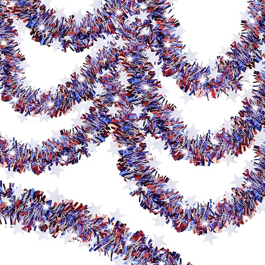 33FT 4th of July Garland, Red White and Blue Patrioic Star Metallic Tinsel Garland for Independence Day, Memorial Day and Veterans Day Decorations