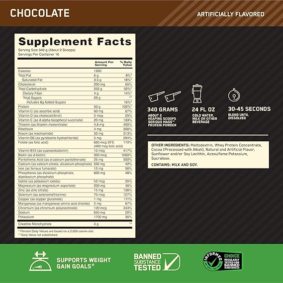 Optimum Nutrition Serious Mass, Weight Gainer Protein Powder, Mass Gainer, Vitamin C and Zinc for Immune Support, Creatine, Chocolate, 12 Pound (Packaging May Vary)