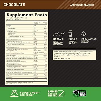 Optimum Nutrition Serious Mass, Weight Gainer Protein Powder, Mass Gainer, Vitamin C and Zinc for Immune Support, Creatine, Chocolate, 12 Pound (Packaging May Vary)