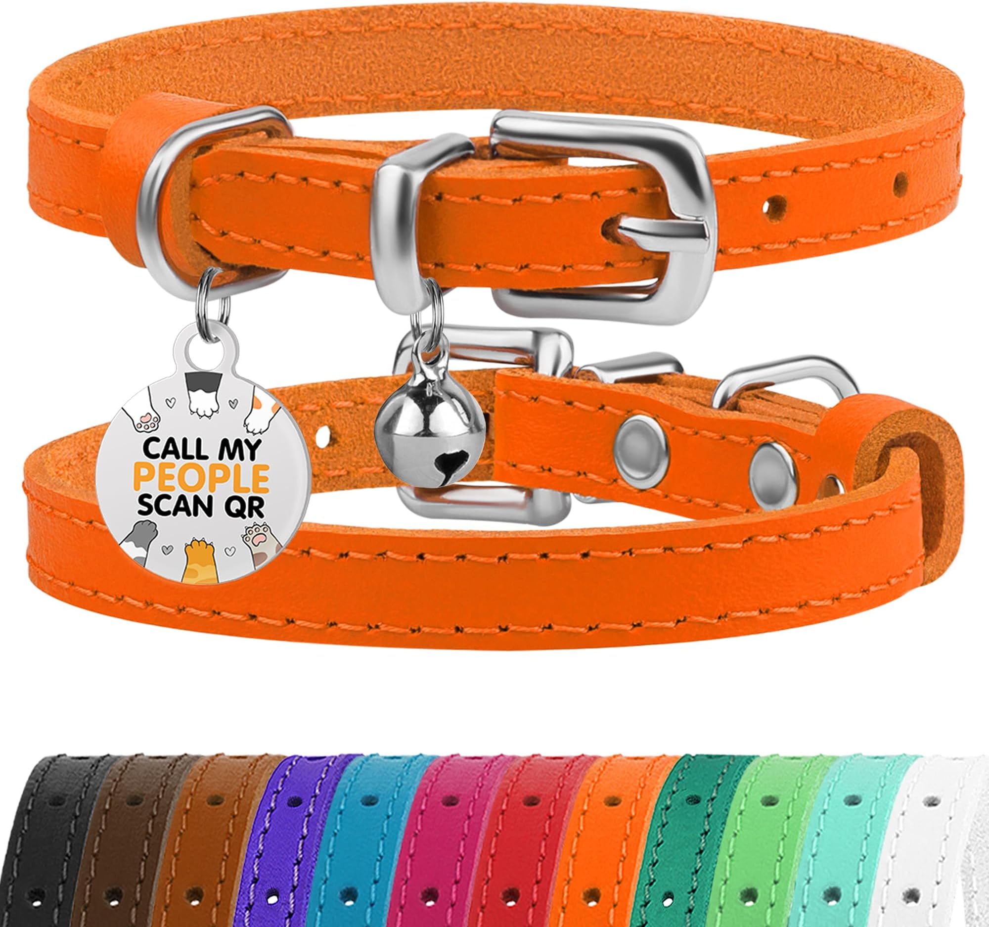 BRONZEDOG Leather Cat Collar with Bell Non Breakaway Kitten QR Tag for Girl Boy (9" - 11" Cats/Mini Dogs, Orange & Silver)