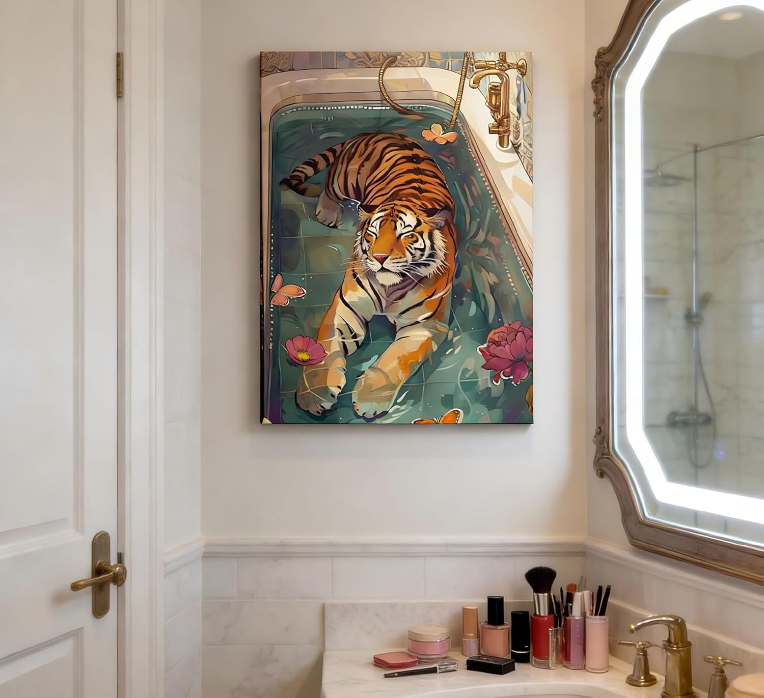 Tiger in Bathtub Canvas Wall Art Funny Animal Bathroom Painting Picture Wall Decor Maximalist Trendy Dopamine Aesthetic Poster Print Artwork for Bathroom Toilet Home Decoration