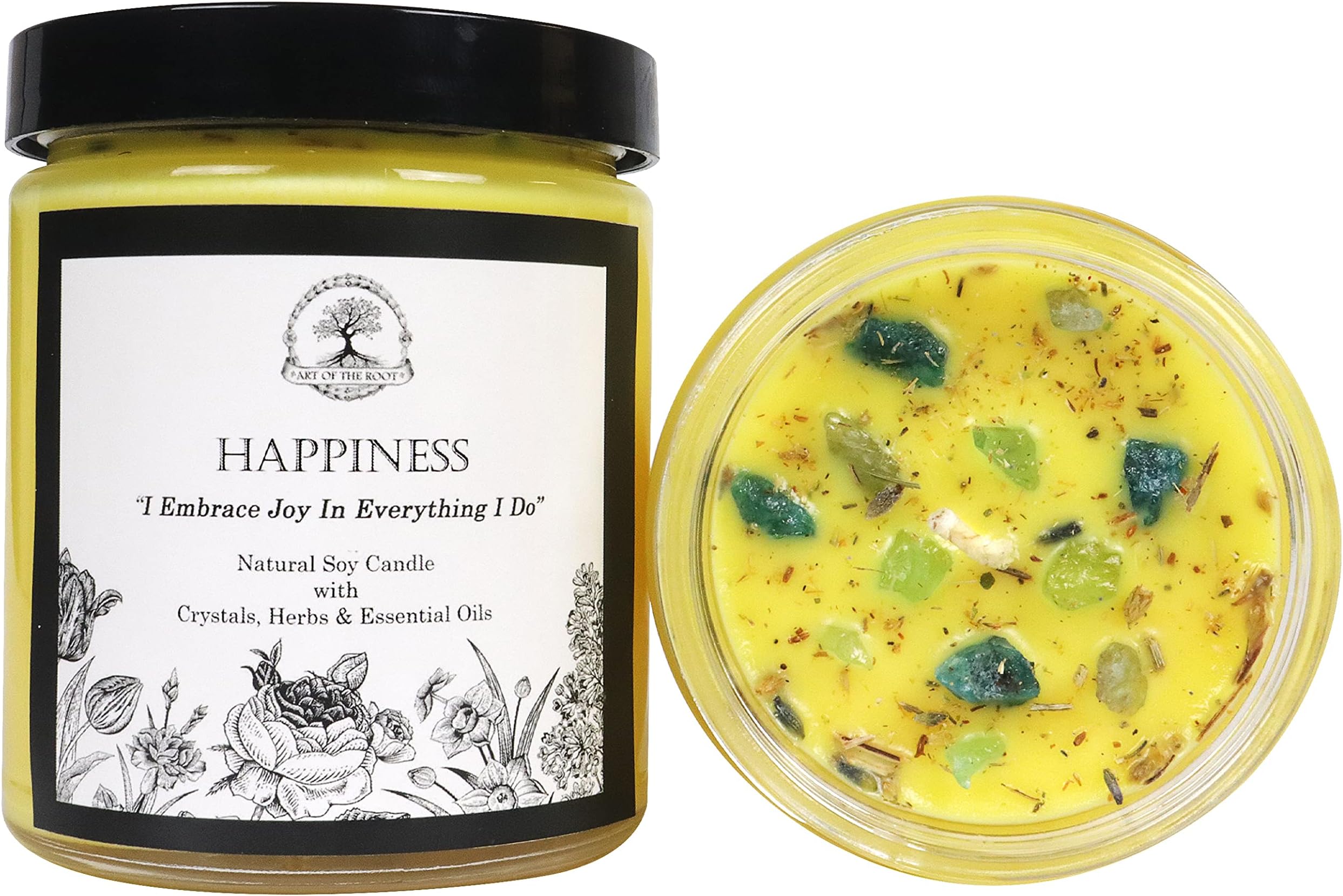 Happiness Soy Affirmation Candle by Art of The Root | Natural Soy Wax | Infused with Blue-Green Apatite Crystals | Wiccan, Pagan, Meditation & Magick | Aromatherapy, Joy, Positive Energy