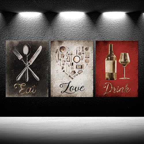 Miniatura 2 de iKNOW FOTO Juego de arte de pared en lienzo de 3 piezas con texto en inglés "Eat, Drink, Love", impresiones inspiradoras con citas para cocina,