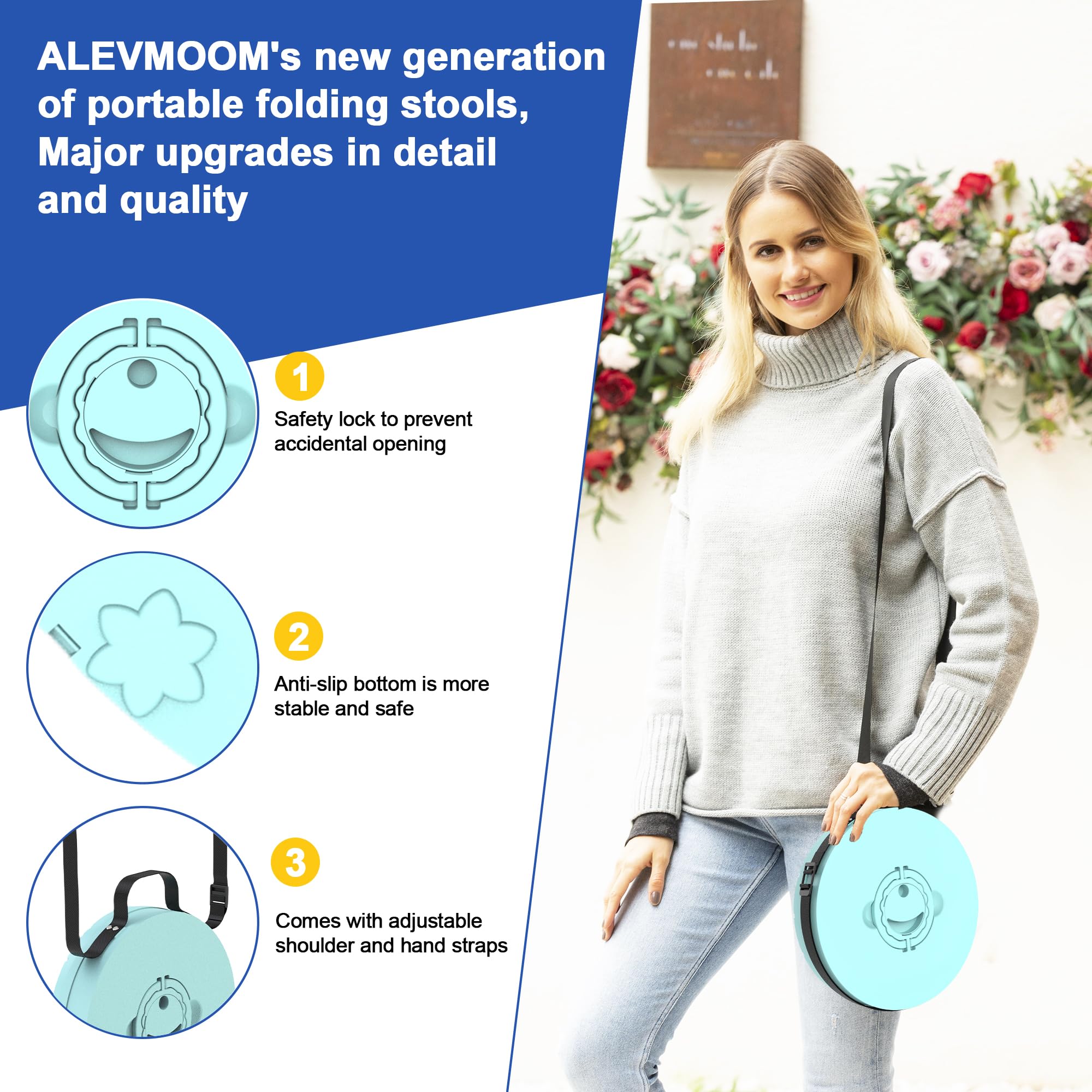 ALEVMOOM Sgabello pieghevole XL da 46 cm con cuscino, sgabelli pieghevoli portatili per adulti, capacità 362,9 kg, sgabello telescopico leggero per campeggio, viaggi, pesca, escursionismo