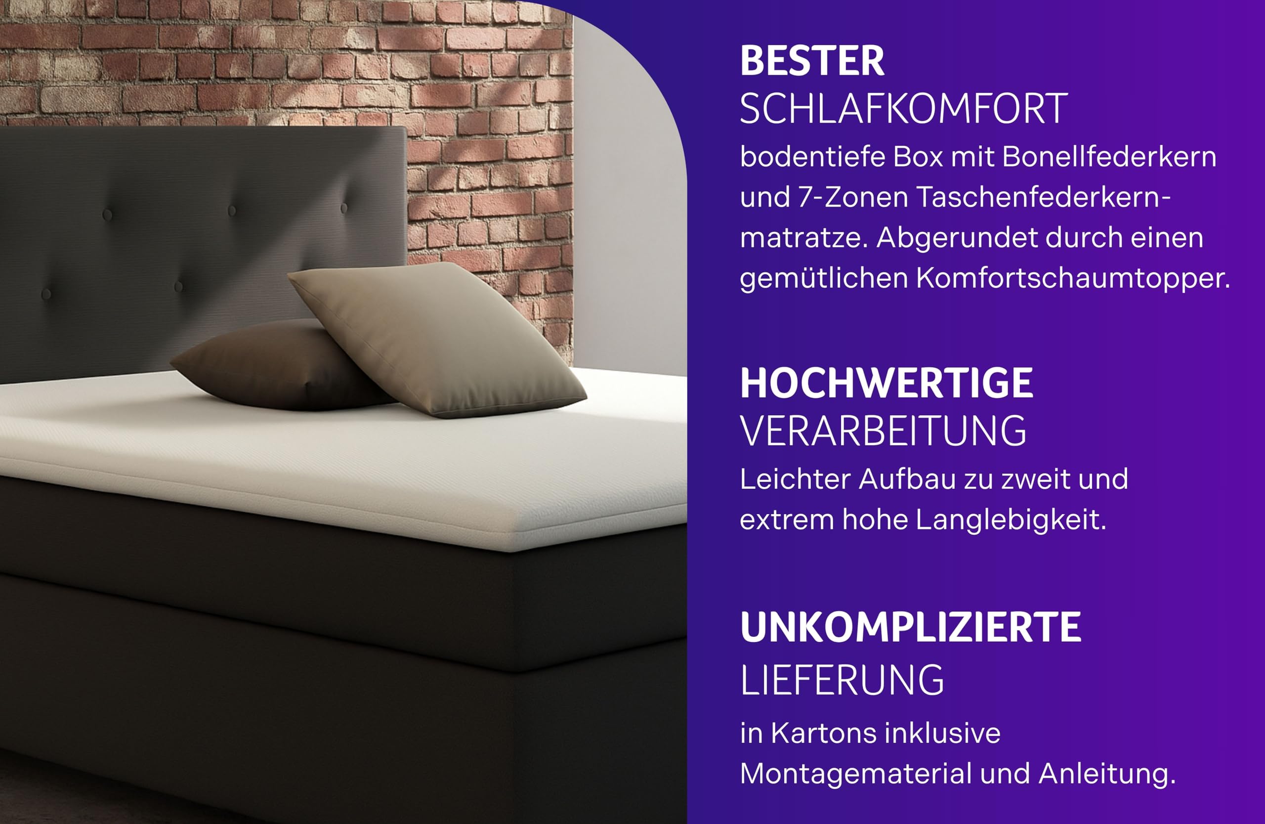 Traumnacht Boxspringbett, mit 7-Zonen Tonnentaschenfederkernmatratzen (H3) und Komfortschaumtopper, leichter Aufbau, produziert nach deutschem Qualitätsstandard, 180 x 200 cm in grau