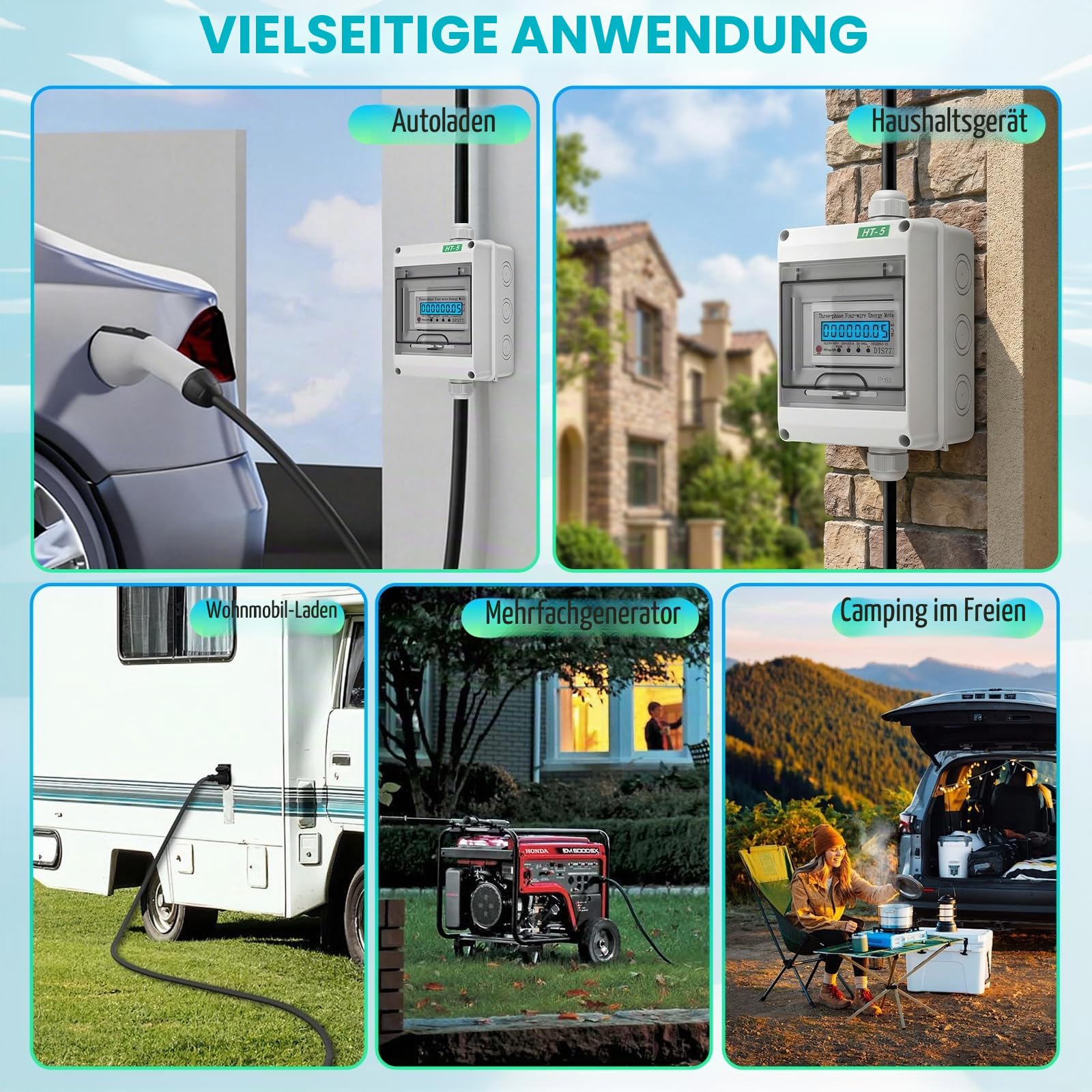 3 Phasen Mobiler Stromzähler, 16A 400V Mobiler Digitaler Stromzähler Drehstromzähler, 5 * 2,5mm² Digitalzähler mit CEE Stecker, Portabler Stromzähler für Baustelle, Camping, Marina, Balkonkraftwerk