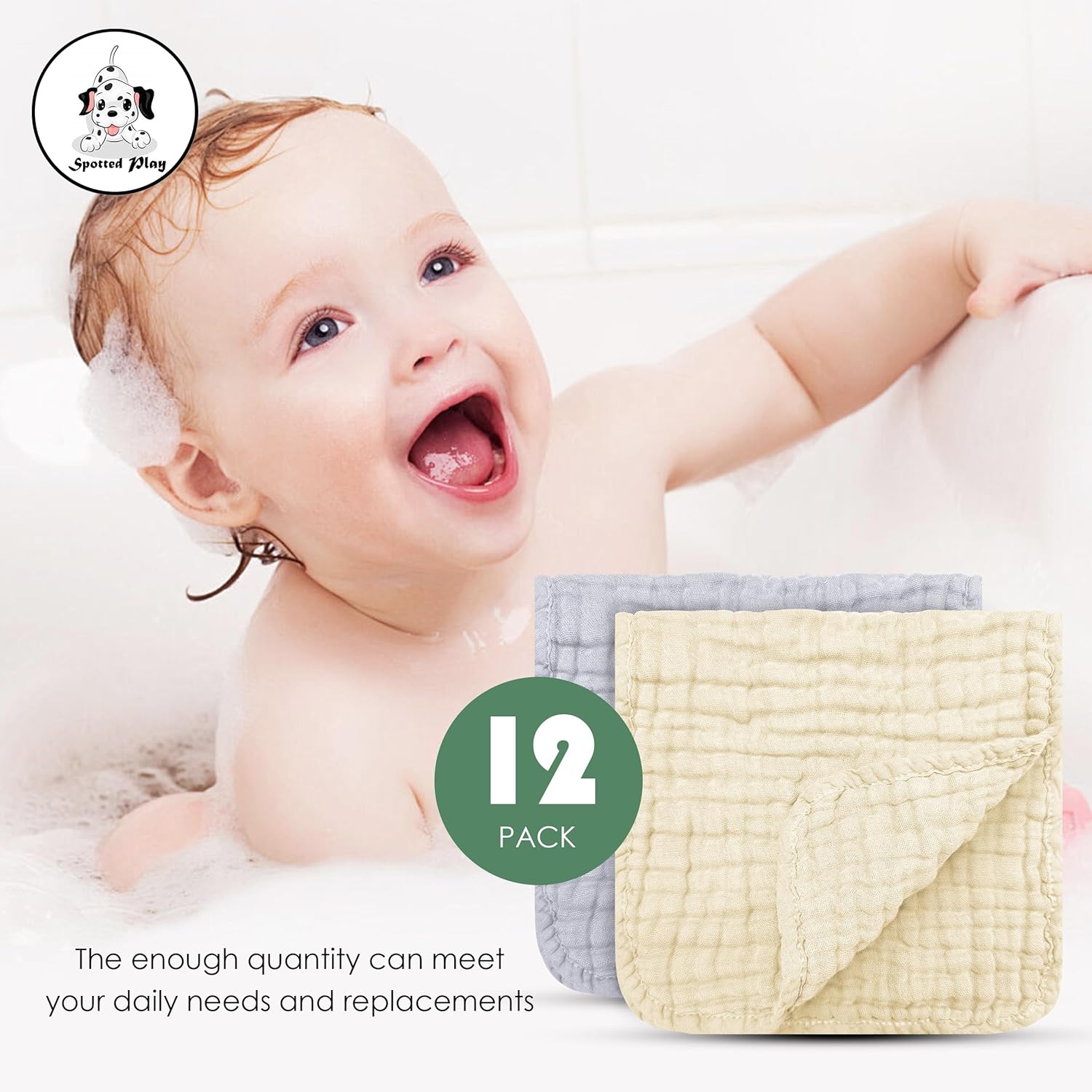 Spotted Play Muslin Burp Cloths 100% Cotton Large 20''x10'' Extra Soft and Absorbent Baby Wash Cloths Spit Up Rags - Baby Burping Cloth for Boys Girls Items(12 Pack Ivory, Slate and Emerald Series)