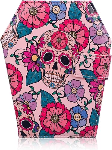 Paterr Billetera gótica rosa para Halloween, bonita cartera de ataúd para mujeres y niñas, billetera plegable de cuero con calavera rosa, estética,