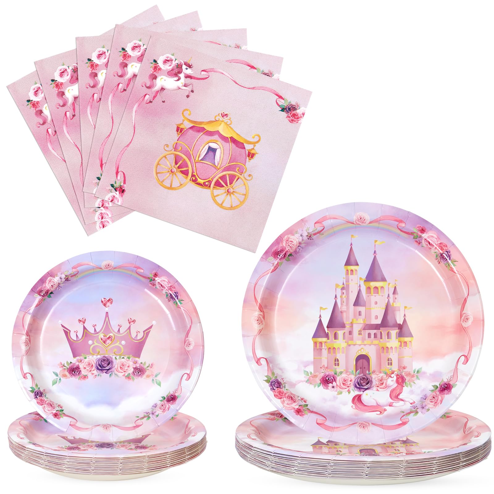 WERNNSAI Princess Party Decorations - 48 PCS Princess Birthday Decorations Set Plates Napkins Castle Crown Design for Pink Themed Party Picnic Wedding Serves 16 Guests — image 1