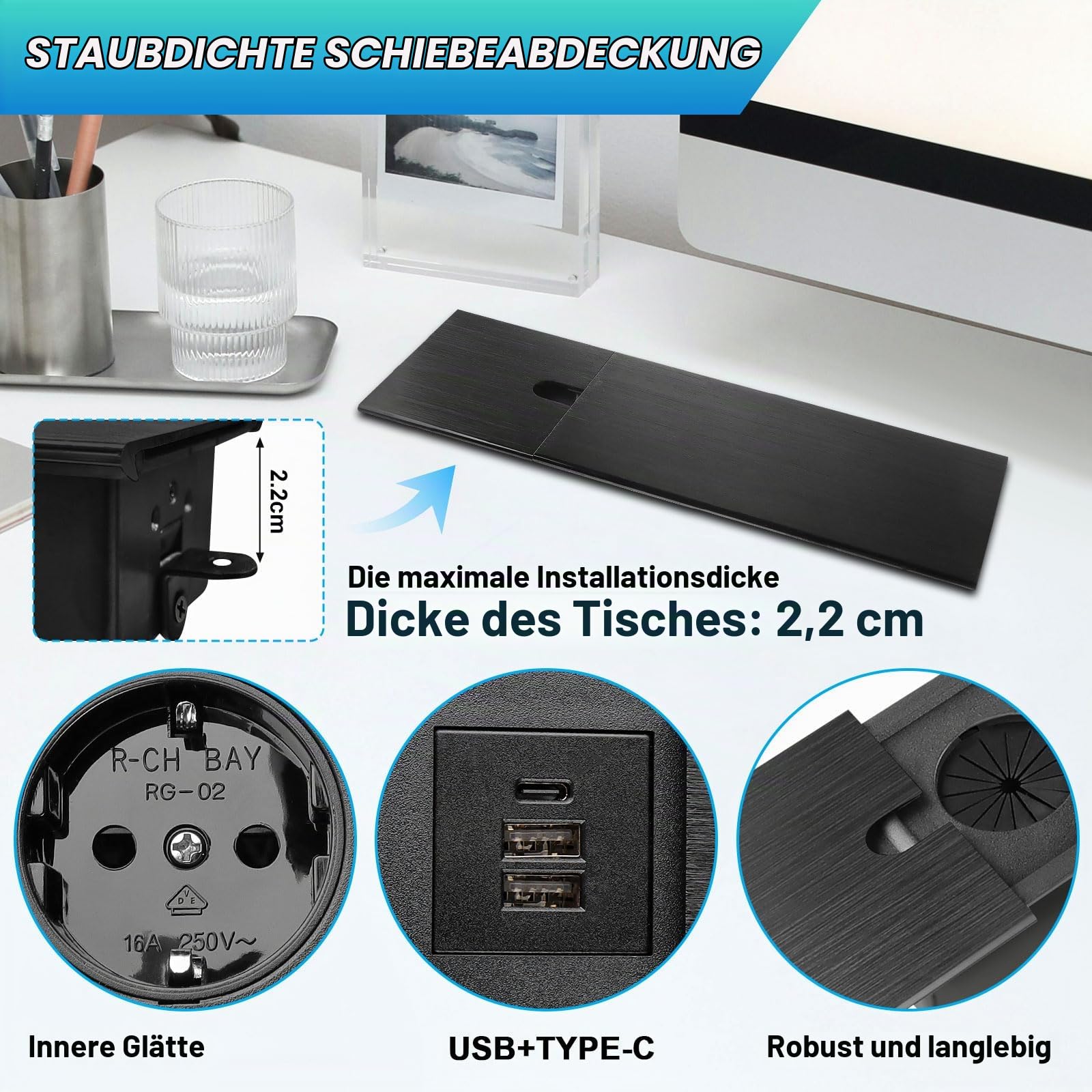 Einbau Steckdosenleiste Versenkbare Einbausteckdose 2 Fach mit USB C | Schiebedeckel, Tischsteckdose Tischplatte Versenkte Steckdose, für Schreibtisch Küche Büro Sofatisch Konferenztisch, Schwarz
