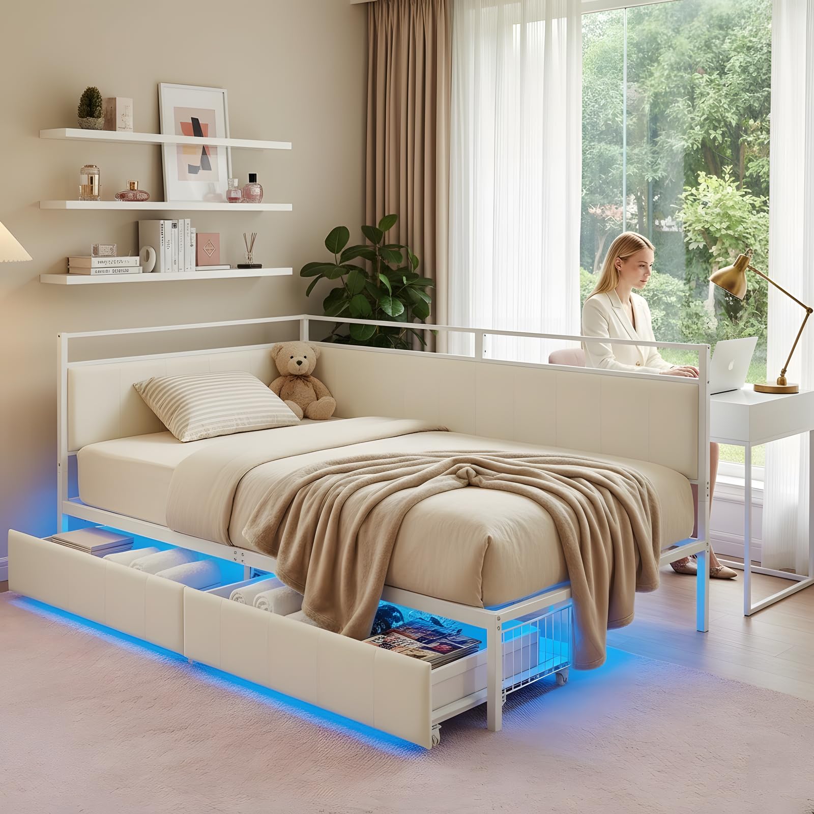 Letto Singolo Angolare con LED RGB, 2 Cassetti, Stazione Ricarica USB/Type C, Struttura Robusta in Metallo, Divano Letto con Doghe 90x200 cm, Salvaspazio per Camera Letto/Ospiti, Beige