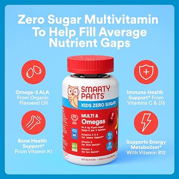 SmartyPants Kids Zero Sugar Multi & Omegas Multivitamin Gummies with Omega 3 ALA, Vitamins D, C, A, Plant-Based, Clean Label, No Sugar Alcohols, Strawberry Banana Flavor, 60 Gummies (30 Day Supply)